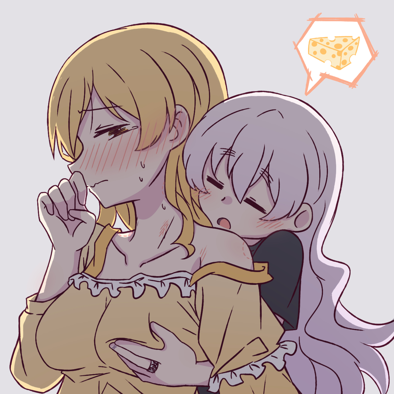 fukodesu, momoe nagisa, tomoe mami, mahou shoujo madoka magica, mahou shoujo madoka magica (anime), highres, 2girls, age difference, bite mark, bite mark on shoulder, black shirt, blonde hair, blush, cheese, closed eyes, closed mouth, ear blush, food, grabbing another's breast, grabbing from behind, grey background, grey hair, groping, jewelry, long hair, multiple girls, onee-loli, open mouth, ring, shirt, short sleeves, simple background, single off shoulder, spoken food, sweat, swiss cheese, upper body, yellow eyes, yellow shirt, yuri