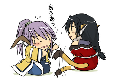 kurotani kyoukutsu, karulau, touka (utawarerumono), utawarerumono, lowres, 00s, 2girls, animal ears, blush, chibi, chibi only, head wings, long hair, multiple girls, ponytail, purple hair, tail, tail wagging, wings