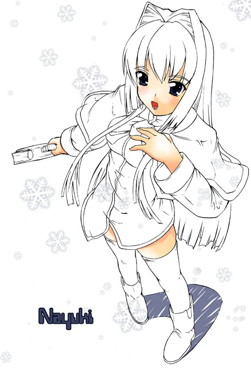 ootori mahiro, ootori mahiru, minase nayuki, kanon, 1girl, boots, female focus, monochrome, school uniform, serafuku, snow, snowflakes, solo, spot color, thighhighs, zettai ryouiki