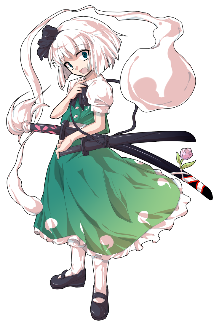dairi, konpaku youmu, konpaku youmu (ghost), touhou, commentary request, large variant set, variant set, 1girl, alphes (style), black hairband, black shoes, buttons, dress, flower, full body, hair ribbon, hairband, katana, mary janes, parody, puffy short sleeves, puffy sleeves, ribbon, sheath, sheathed, shoes, short hair, short sleeves, solo, standing, style parody, sword, tachi-e, transparent background, weapon, white hair
