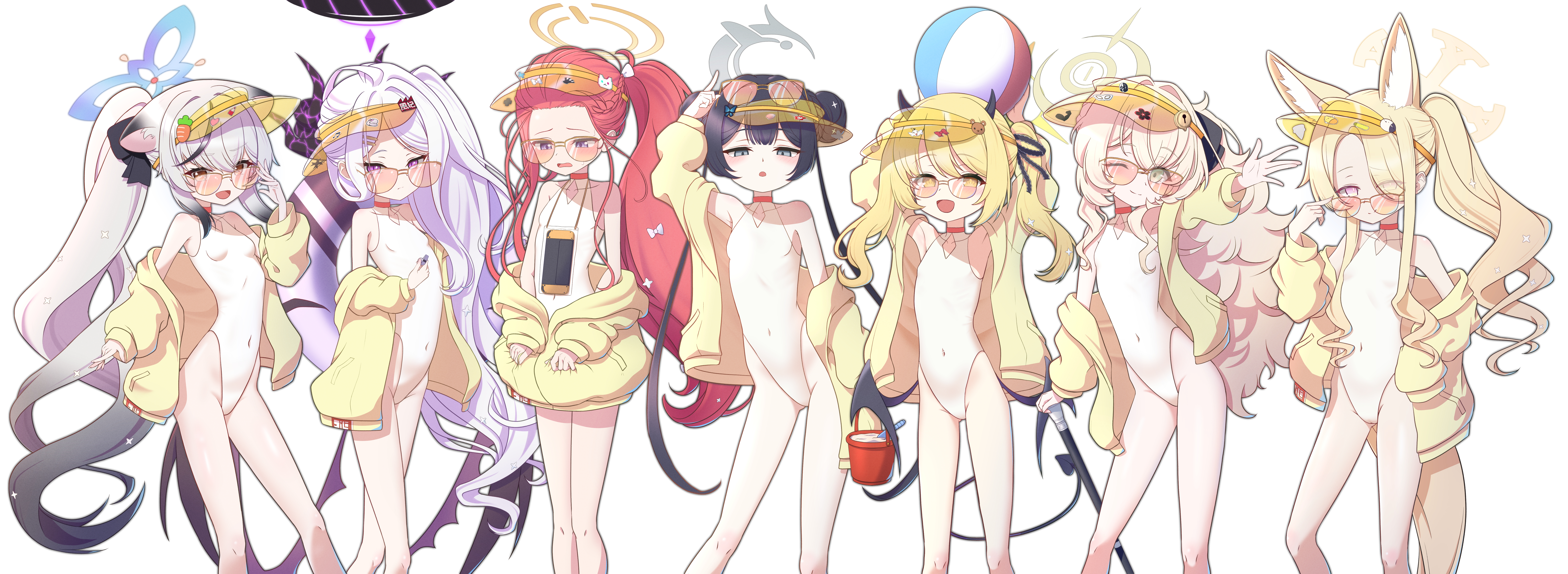 gnoet, hina (blue archive), ibuki (blue archive), kisaki (blue archive), kokona (blue archive), professor niyaniya (blue archive), seia (blue archive), seia (swimsuit) (blue archive), yuzu (blue archive), blue archive, absurdres, commentary, commentary request, highres, 6+girls, above-cleavage cutout, animal ears, armpits, arms up, asymmetrical hair, averting eyes, ball, bare shoulders, beachball, black hair, black halo, black ribbon, black wings, blonde hair, blue halo, bow, breasts, brown eyes, bucket, cane, closed mouth, clothing cutout, cosplay, covered navel, cross halo, demon girl, demon horns, demon tail, demon wings, diamond cutout, double bun, extra ears, eyewear on head, feet out of frame, flat chest, forehead, fox ears, fox girl, fox tail, gradient hair, green eyes, grey eyes, grey hair, grey halo, hair bow, hair bun, hair over one eye, hair ribbon, halo, hand up, handheld game console, highleg, highleg one-piece swimsuit, horns, innertube, jacket, long hair, long sleeves, looking at viewer, low wings, multicolored hair, multiple girls, multiple hair bows, multiple horns, nintendo switch, official alternate costume, official alternate hairstyle, one-piece swimsuit, one eye closed, open mouth, orange-tinted eyewear, orange eyes, pink-tinted eyewear, pink eyes, ponytail, puffy long sleeves, puffy sleeves, purple eyes, red-tinted eyewear, red hair, ribbon, seia (blue archive) (cosplay), side ponytail, simple background, sleeves past wrists, small breasts, standing, streaked hair, sunglasses, sweat, swim ring, swimsuit, tail, tiger ears, tiger girl, tinted eyewear, twintails, two-tone hair, very long hair, visor cap, wavy hair, white background, white bow, white one-piece swimsuit, wings, yellow eyes, yellow halo, yellow jacket, yellow visor