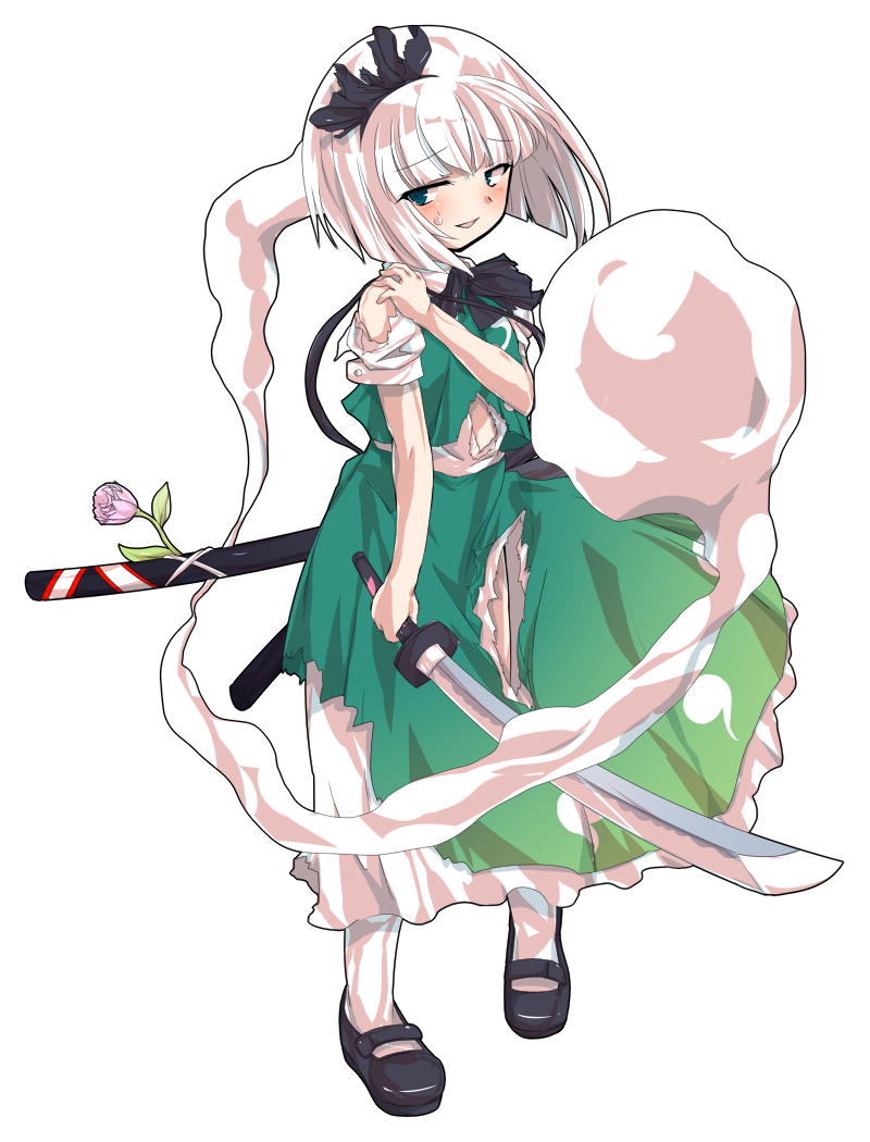 dairi, konpaku youmu, konpaku youmu (ghost), touhou, commentary request, large variant set, variant set, 1girl, alphes (style), black hairband, black shoes, blush, defeat, flower, full body, green skirt, green vest, hairband, holding, holding sword, holding weapon, katana, long skirt, parody, puffy short sleeves, puffy sleeves, shirt, shoes, short hair, short sleeves, skirt, socks, solo, style parody, sword, tachi-e, torn clothes, torn shirt, torn skirt, torn vest, transparent background, vest, weapon, white hair, white shirt, white socks