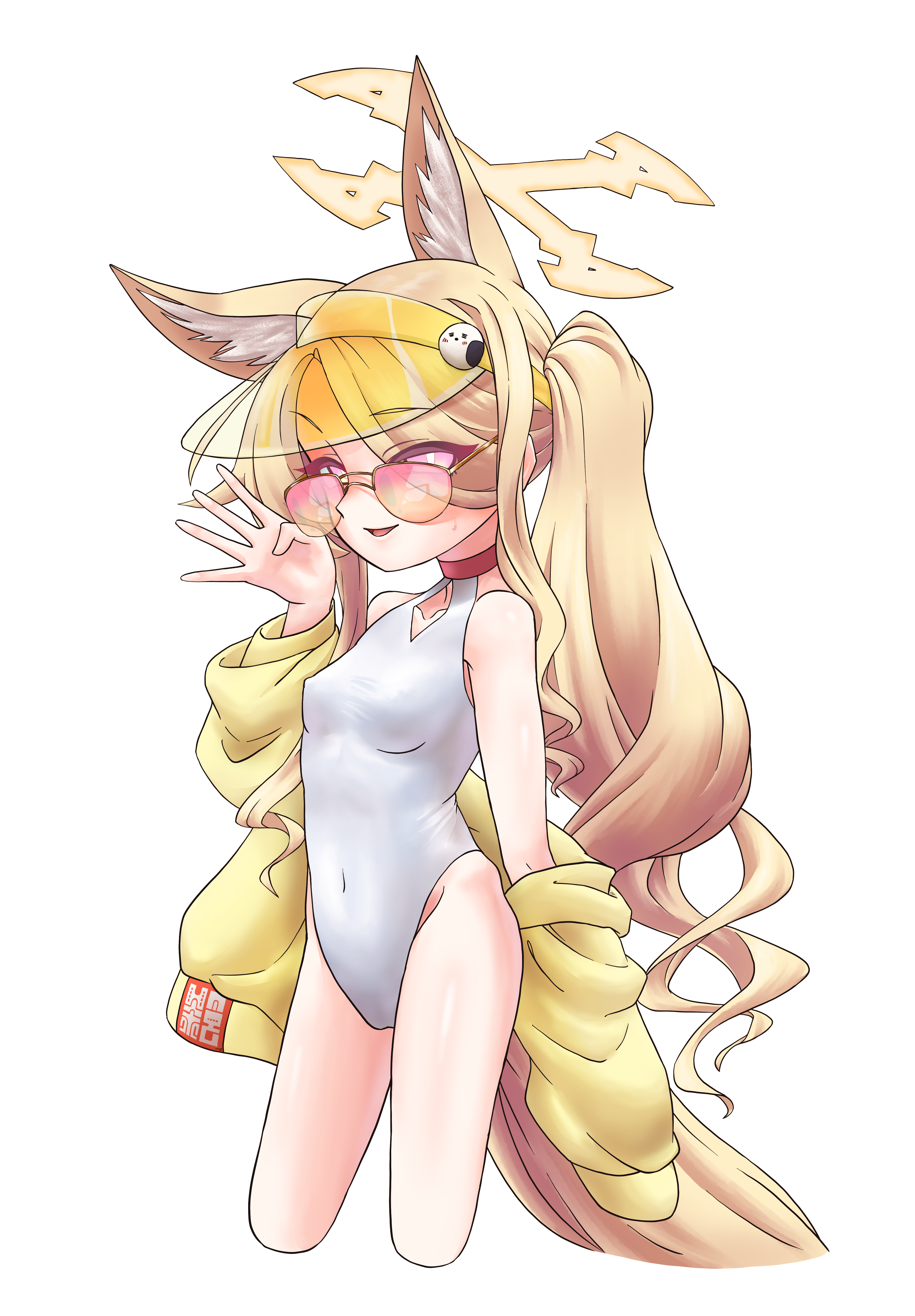 seia (blue archive), seia (swimsuit) (blue archive), blue archive, absurdres, highres, 1girl, animal ear fluff, animal ears, blonde hair, breasts, contrapposto, covered navel, cropped legs, cross halo, diamond cutout, drawer., eyes visible through hair, fox ears, fox girl, fox tail, hair over one eye, halo, highleg, highleg one-piece swimsuit, jacket, long hair, official alternate costume, official alternate hairstyle, one-piece swimsuit, orange-tinted eyewear, orange eyes, side ponytail, small breasts, smile, solo, standing, sunglasses, swimsuit, tail, tinted eyewear, visor cap, white one-piece swimsuit, yellow halo, yellow jacket, yellow visor
