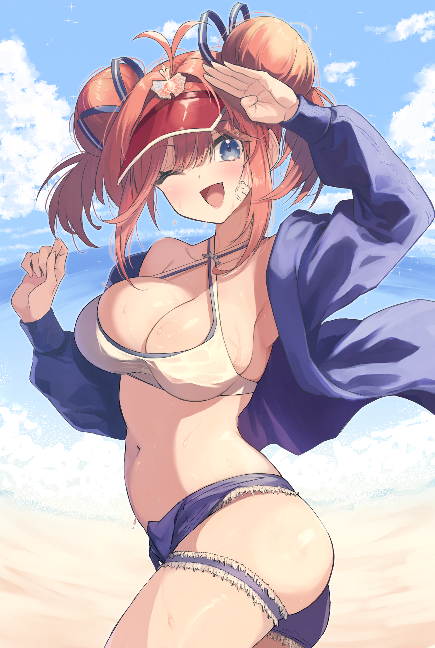 miimu (nelreg3), gallant (azur lane), gallant (express-ive delivery) (azur lane), azur lane, highres, 1girl, ;d, armpits, beach, blue eyes, blue jacket, blue sky, breasts, cleavage, cloud, criss-cross halter, crop top, denim, denim shorts, double bun, hair bun, halterneck, hand up, jacket, large breasts, looking at viewer, navel, official alternate costume, one eye closed, open mouth, outdoors, pink hair, salute, sand, shorts, sky, smile, solo, stomach, sweat, torn clothes, torn shorts, visor cap, water