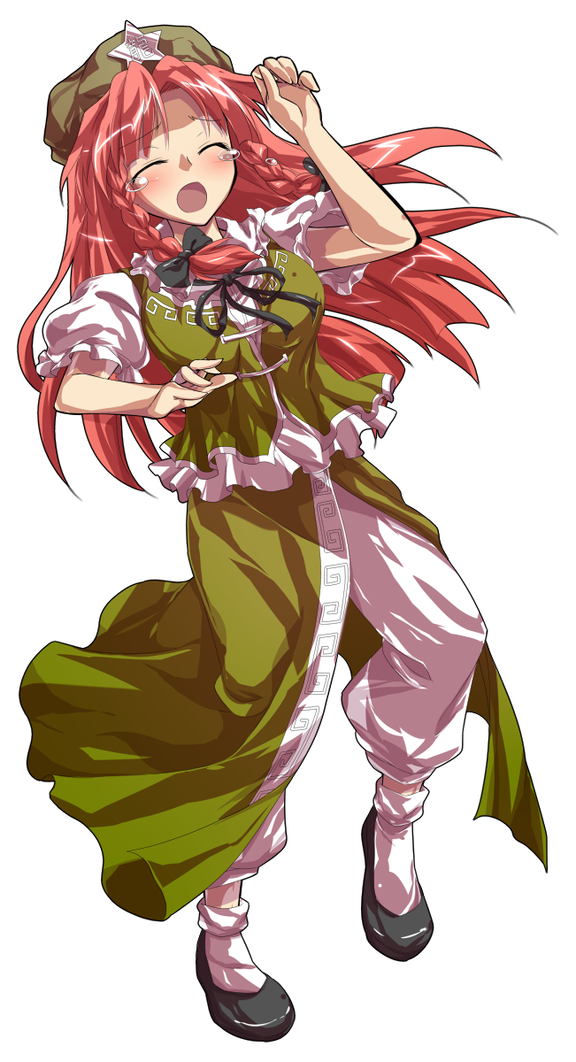 dairi, hong meiling, touhou, commentary request, highres, large variant set, variant set, 1girl, alphes (style), baggy pants, beret, black bow, black shoes, blush, bow, braid, breasts, full body, green hat, hair bow, hat, hat ornament, large breasts, long hair, pants, parody, red hair, shoes, solo, star (symbol), star hat ornament, style parody, tachi-e, transparent background, twin braids, white pants