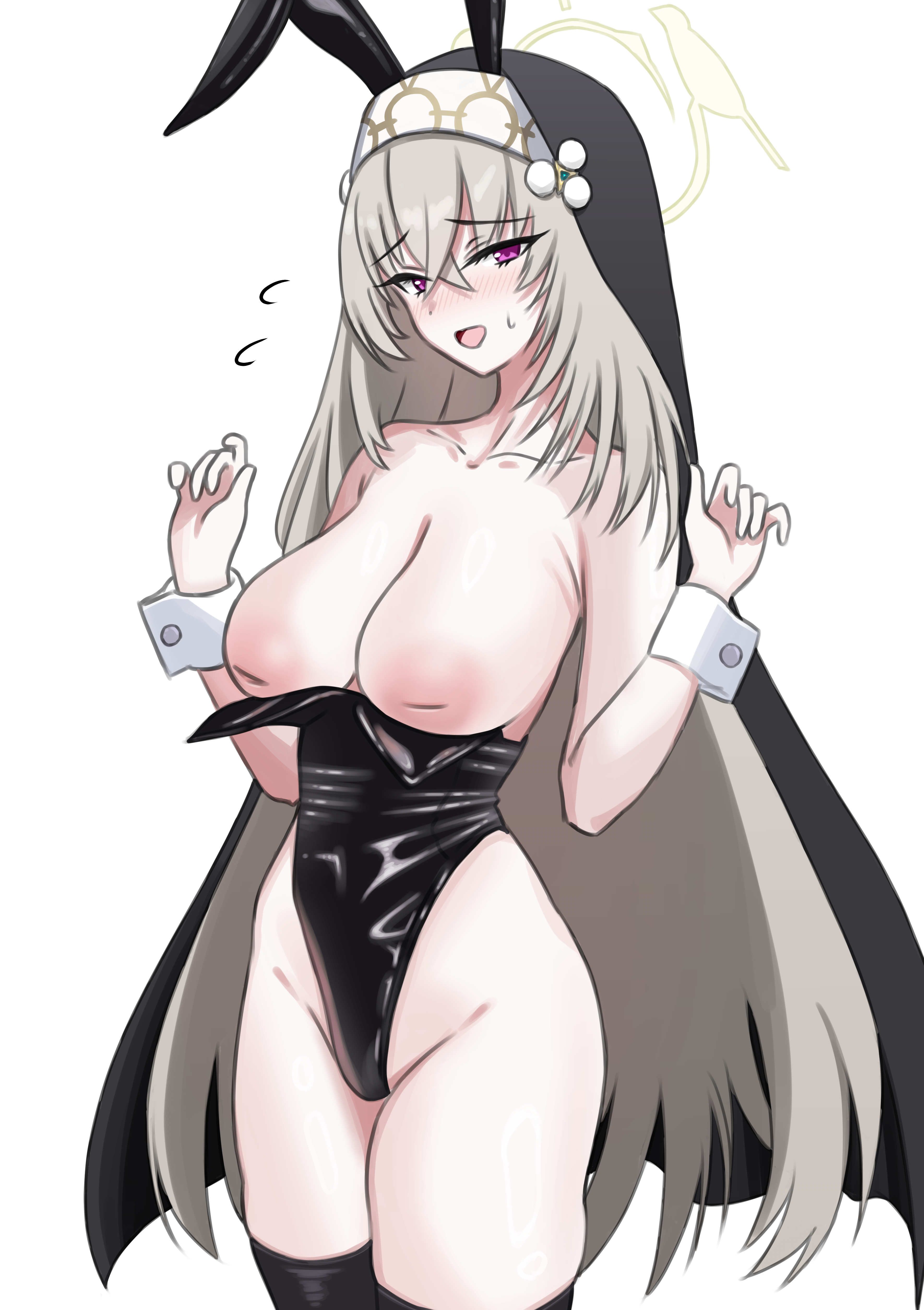 afro (afrodite ja), sakurako (blue archive), blue archive, absurdres, commentary request, highres, 1girl, animal ears, black thighhighs, black veil, blush, breasts, crossed bangs, fake animal ears, grey hair, hair between eyes, halo, inverted nipples, large breasts, latex, latex leotard, leotard, long hair, looking at viewer, nipples, nun, playboy bunny, purple eyes, rabbit ears, smile, solo, strapless, strapless leotard, thighhighs, veil, very long hair, wrist cuffs, yellow halo