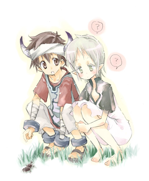 takasaki yuuki, ico (character), yorda, ico, silver hair, 1boy, 1girl, ?, albino, beetle, brown eyes, brown hair, bug, dress, grass, green eyes, horns, pointy ears, short hair, squatting, surcoat, tabard