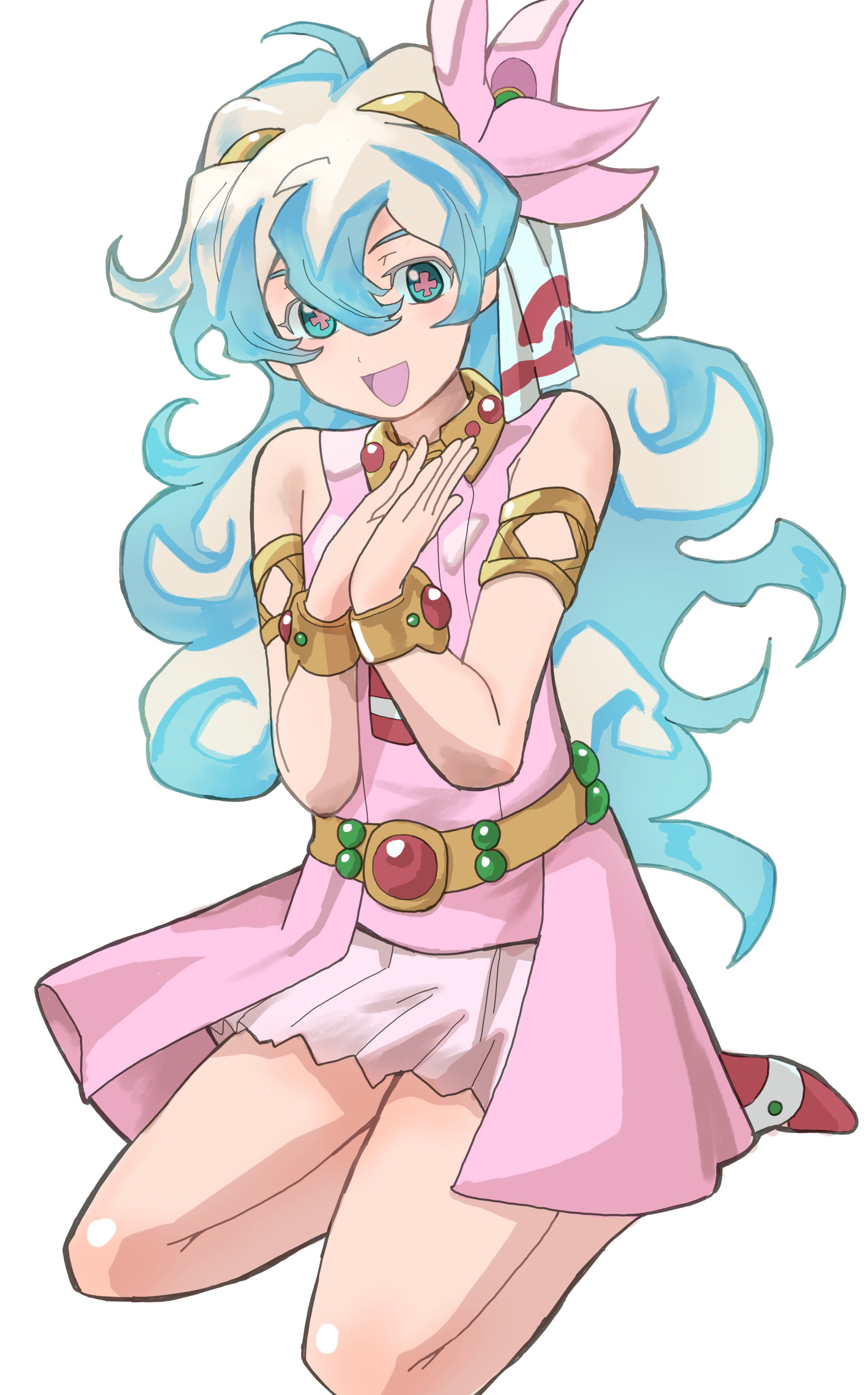 k katora, nia teppelin, tengen toppa gurren lagann, absurdres, highres, + +, 1girl, :d, armlet, bare shoulders, blonde hair, blue eyes, blue hair, bracelet, dress, hair between eyes, jewelry, long hair, looking at viewer, multicolored hair, open mouth, pink dress, sleeveless, sleeveless dress, smile, solo, symbol-shaped pupils, two-tone hair, white background