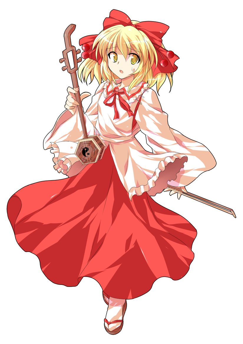 dairi, satsuki rin, touhou, commentary request, large variant set, variant set, 1girl, alphes (style), blonde hair, bow, brown sandals, erhu, full body, hair between eyes, hair bow, hair ornament, holding, holding instrument, instrument, long skirt, medium hair, parody, red bow, red ribbon, red skirt, ribbon, sandals, skirt, solo, style parody, tabi, tachi-e, transparent background, wide sleeves, yellow pupils, zouri