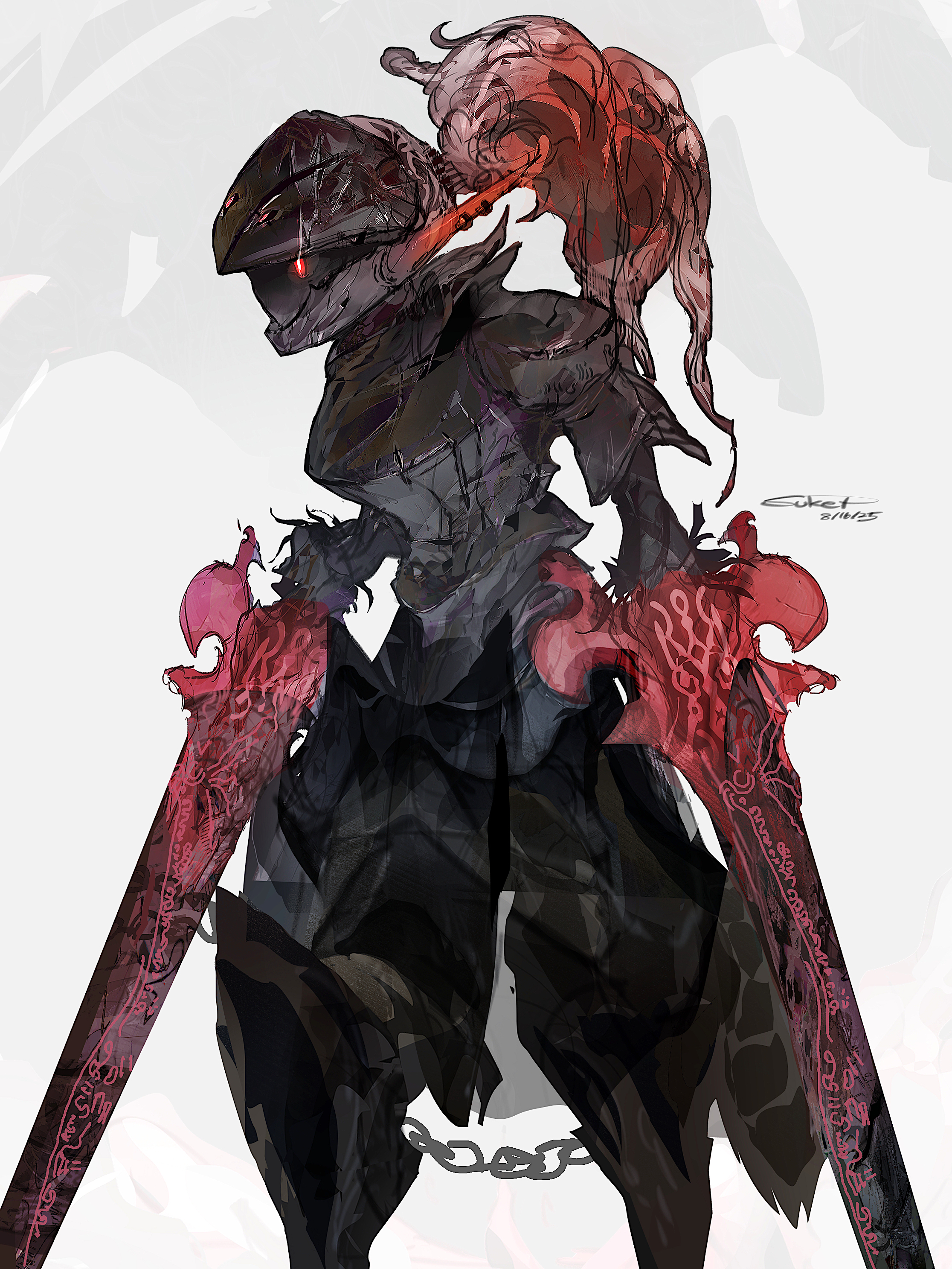 sukepmonster, ceruledge, nintendo, pokemon, absurdres, highres, tagme, 1other, armor, artist name, chain, dated, impasto, knight, pokemon (creature), signature, simple background, sword, weapon