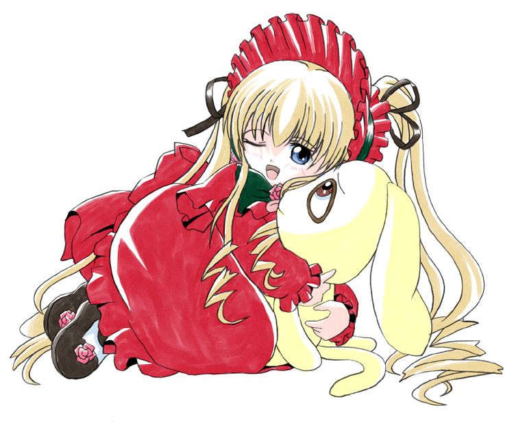 imai kazunari, kunkun, shinku, rozen maiden, duplicate, 00s, 1girl, blonde hair, blue eyes, blush, bonnet, dress, drill hair, flower, hair ribbon, hug, kneeling, long hair, looking at viewer, one eye closed, red dress, ribbon, rose, shoes, simple background, smile, stuffed toy, very long hair
