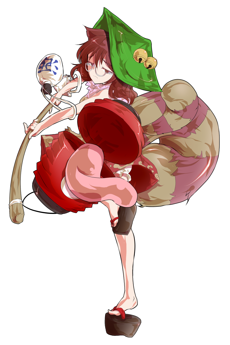 dairi, futatsuiwa mamizou, touhou, commentary request, highres, large variant set, variant set, 1girl, alphes (style), animal ears, bell, bloomers, brown hair, chouchin obake, full body, glasses, gourd, hat, lantern, leaf, okobo, paper lantern, parody, platform sandals, raccoon ears, raccoon tail, sandals, semi-rimless eyewear, solo, standing, standing on one leg, style parody, tachi-e, tail, tongue, transparent background, under-rim eyewear, underwear