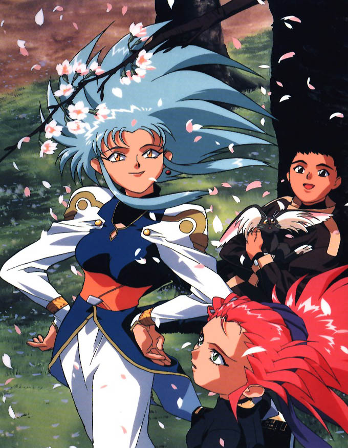 hakubi washuu, masaki tenchi, ryou-ouki, ryouko (tenchi muyou!), tenchi muyou!, 1990s (style), 1boy, 2girls, black hair, blue hair, brown eyes, cherry blossoms, green eyes, hair slicked back, mother and daughter, multiple girls, red hair, retro artstyle, spiked hair, yellow eyes