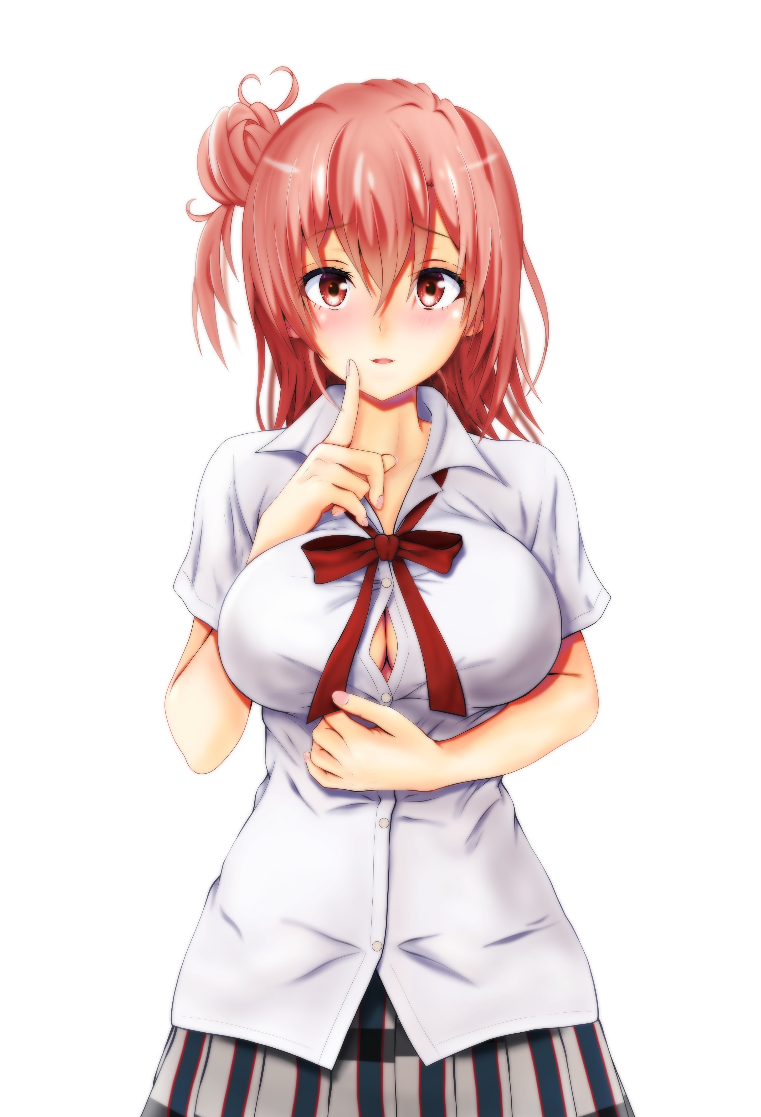 ritsumama 2013, yuigahama yui, yahari ore no seishun lovecome wa machigatteiru., absurdres, commentary request, highres, 1girl, breasts, button gap, collared shirt, cowboy shot, finger to mouth, hair between eyes, hair bun, large breasts, looking at viewer, medium hair, neck ribbon, orange eyes, orange hair, parted lips, plaid clothes, plaid skirt, pleated skirt, red ribbon, ribbon, school uniform, shirt, simple background, single hair bun, single side bun, skirt, sobu high school uniform, solo, standing, summer uniform, white background, white shirt