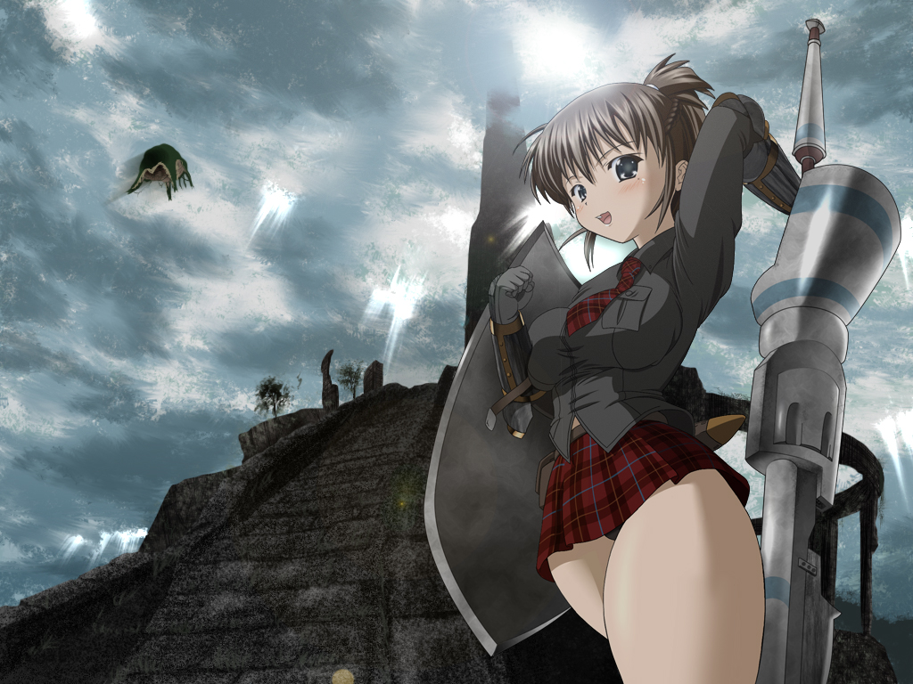 mahiro aki, monster hunter (character), yama tsukami, monster hunter (series), monster hunter portable 2nd g, commentary request, 1girl, 2000s (style), arm up, black gloves, black panties, black shirt, blue eyes, blue sky, blush, braid, breasts, cowboy shot, day, gloves, grey hair, half up braid, holding, holding polearm, holding shield, holding weapon, lance, large breasts, long sleeves, looking at viewer, miniskirt, mountain, necktie, open mouth, outdoors, panties, pantyshot, plaid clothes, plaid necktie, plaid skirt, pleated skirt, polearm, red necktie, red skirt, shield, shirt, short hair, skirt, sky, smile, solo, thick thighs, thighs, underwear, weapon