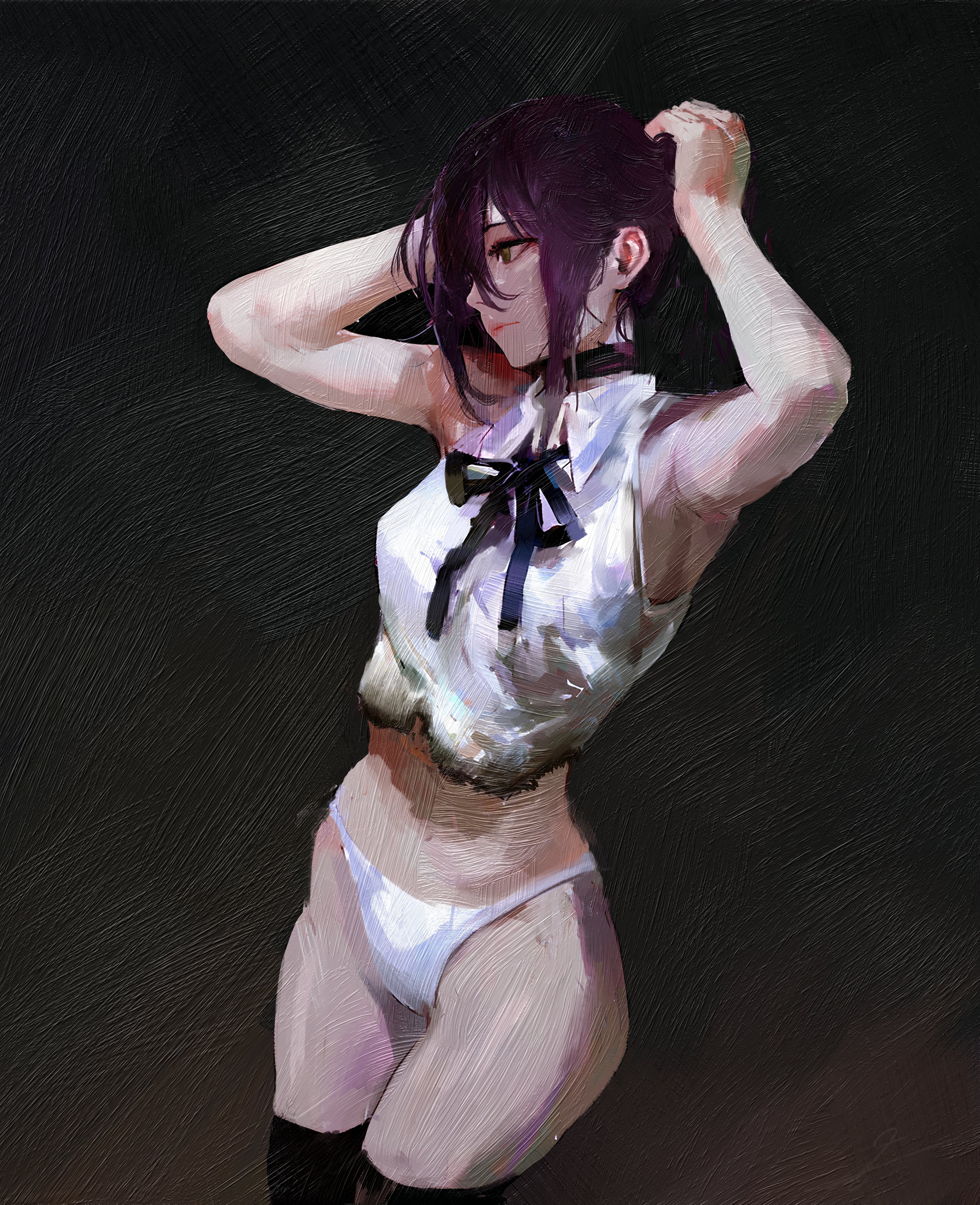 daodtt, reze (chainsaw man), chainsaw man, absurdres, hashtag-only commentary, highres, 1girl, arms up, black choker, black thighhighs, burnt clothes, choker, closed mouth, collared shirt, panties, purple hair, shirt, sleeveless, sleeveless shirt, solo, thighhighs, underwear, white panties, white shirt