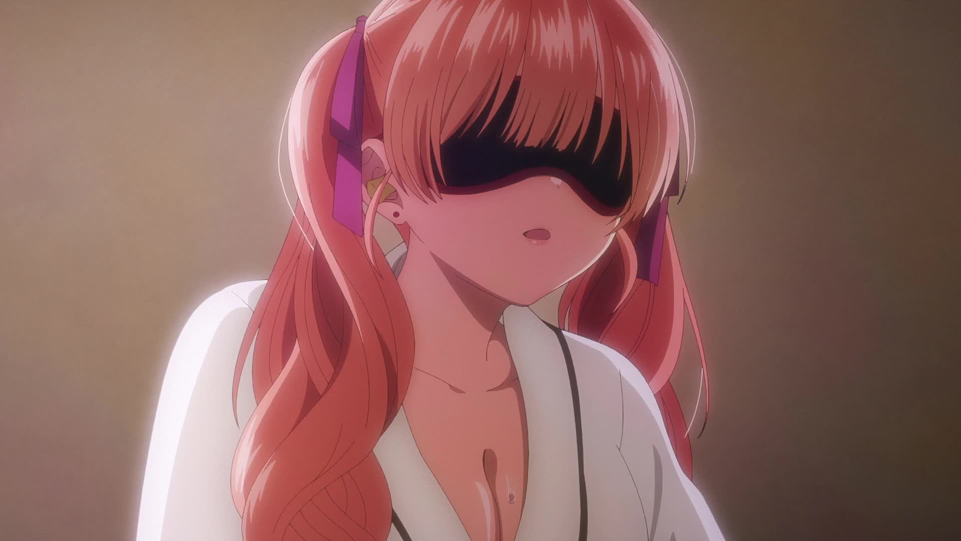 amano erika, umino nagi, kakkou no iinazuke, animated, anime screenshot, highres, sound, tagme, video, 1boy, 1girl, biting, biting another's hand, black hair, blue eyes, breasts, cleavage, collarbone, constricted pupils, earplugs, earrings, eye mask, grabbing another's arm, hair ribbon, jewelry, large breasts, licking, licking another's finger, licking finger, lips, long hair, open mouth, pants, pink hair, pink ribbon, purple eyes, ribbon, robe, saliva, sleep mask, stud earrings, teeth, tied up (nonsexual), tongue, tongue out, twintails, white robe