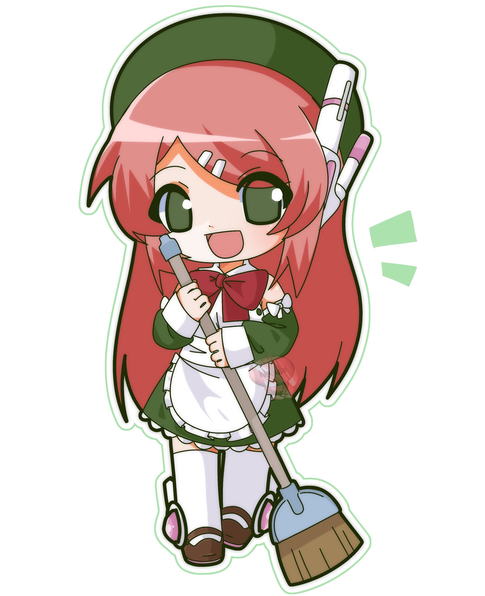 thea (w alladoo), momone momo, utau, commentary, english commentary, highres, 1girl, apron, bow, bowtie, broom, chibi, detached sleeves, dress, full body, green eyes, hair ornament, hairclip, hat, holding, holding broom, long hair, long sleeves, maid, open mouth, pink hair, robot ears, smile, socks, solo, very long hair, watermark