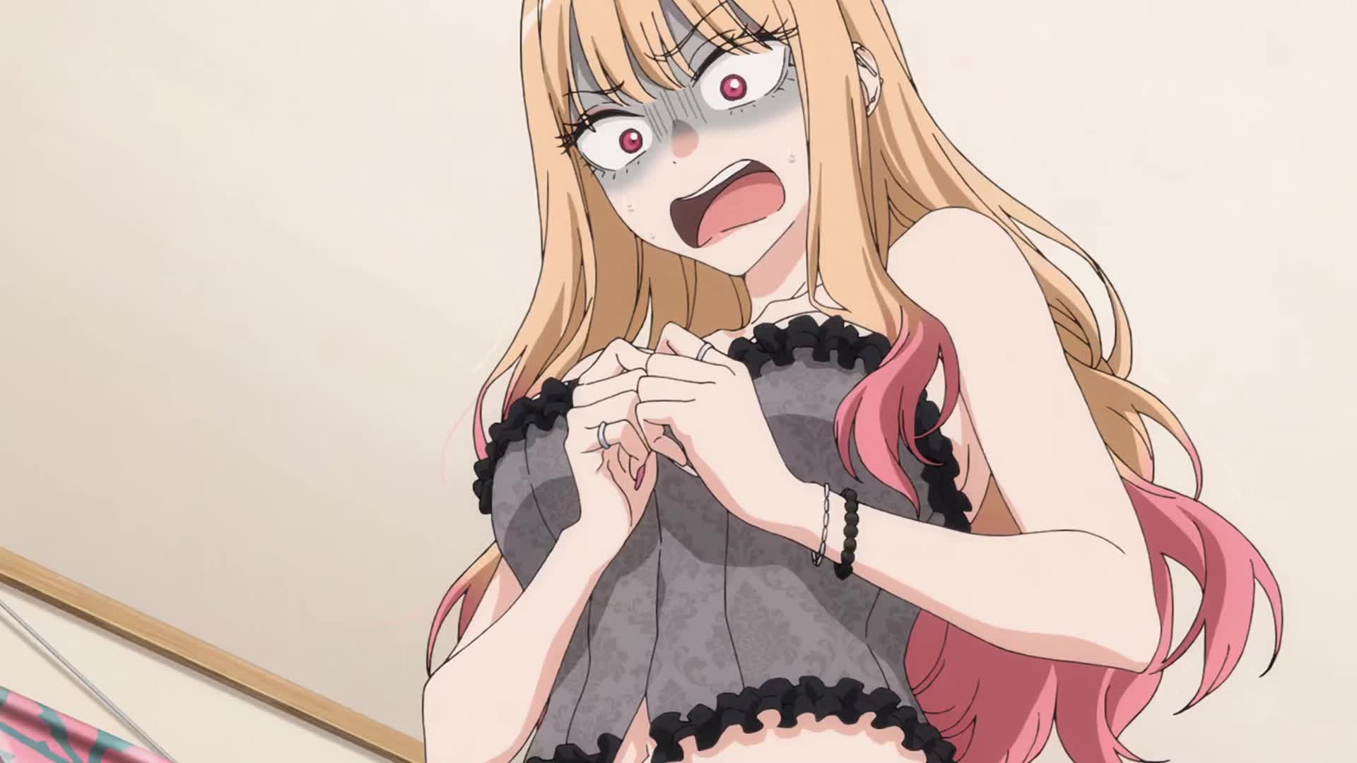 kitagawa marin, sono bisque doll wa koi wo suru, animated, anime screenshot, highres, sound, tagme, video, 1girl, bare shoulders, blonde hair, bracelet, breasts, cleavage, ear piercing, earrings, fake nails, gyaru, jewelry, large breasts, lips, long hair, multiple bracelets, open mouth, panties, piercing, red eyes, ring, sidelocks, underwear