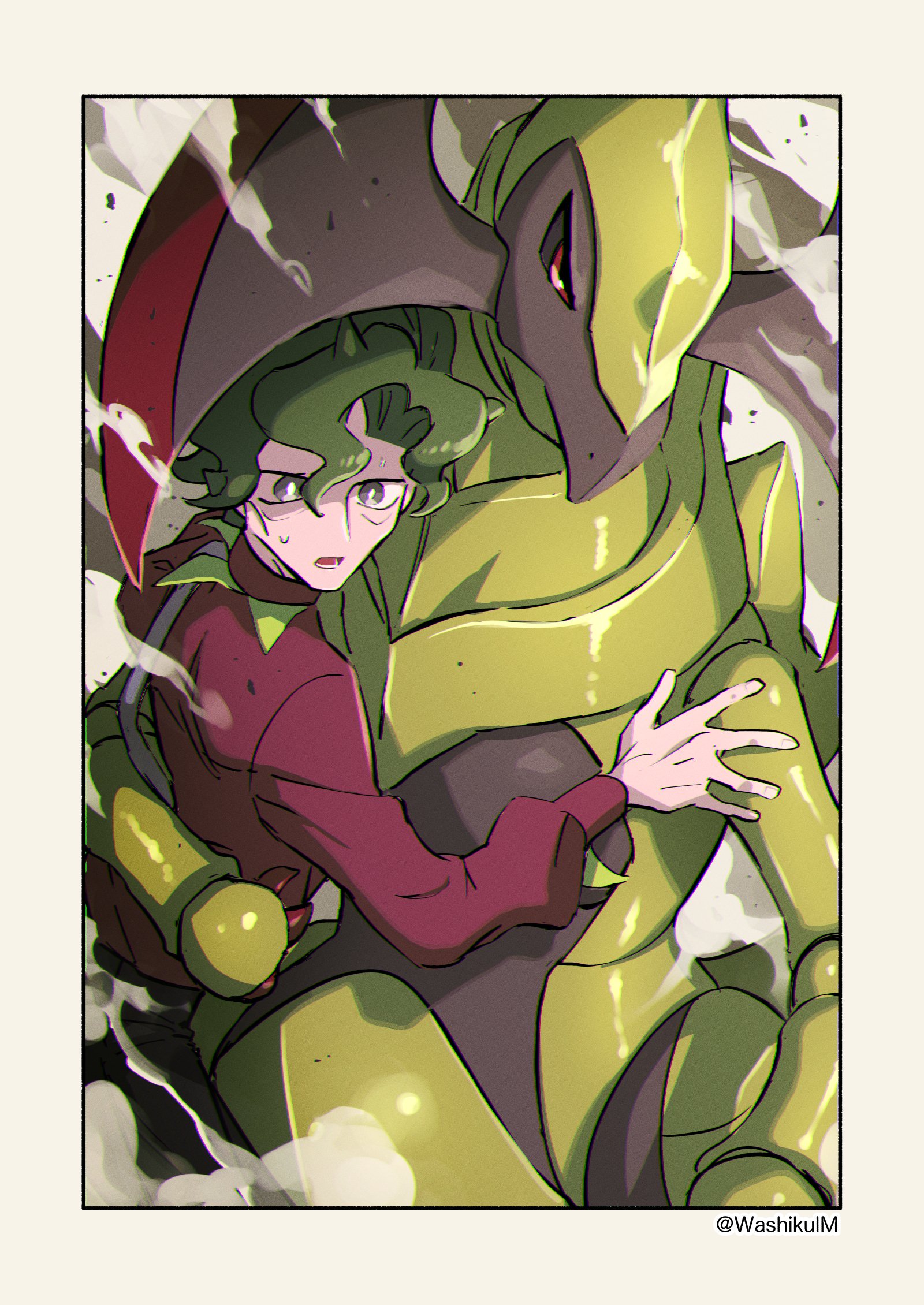 maddy, brassius (pokemon), haxorus, nintendo, pokemon, pokemon sv, highres, 1boy, artist name, border, bright pupils, gen 5 pokemon, green hair, grey eyes, male focus, open mouth, outside border, pokemon (creature), purple shoes, shoes, white border, white pupils