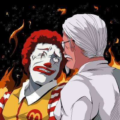 tsukumo (soar99), colonel sanders, ronald mcdonald, kfc, mcdonald's, jpeg artifacts, lowres, 2boys, afro, angry, glasses, male focus, multiple boys, scar, scar across eye, scar on face, what