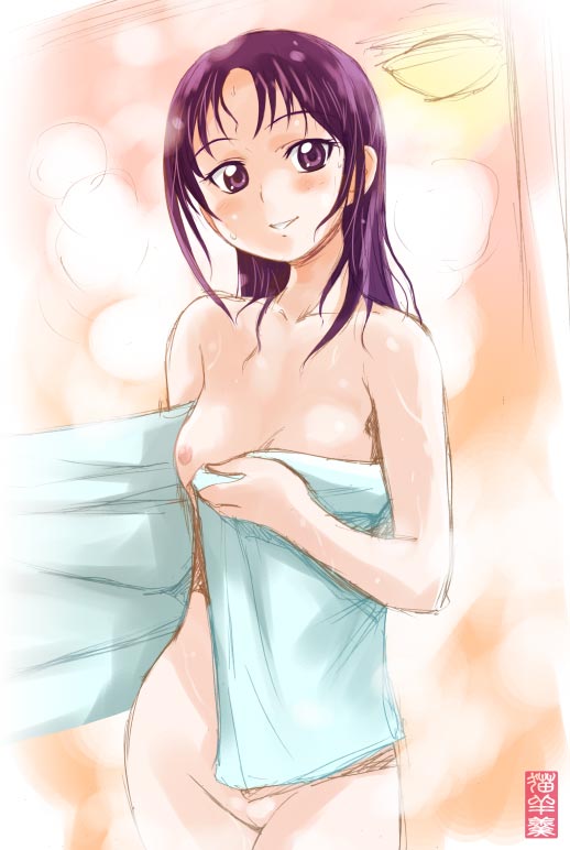 maira gen, mishou mai, futari wa precure splash star, precure, 00s, 1girl, bath, breasts, cowboy shot, female focus, long hair, naked towel, neko-yohan, nipples, nude, open towel, purple eyes, purple hair, pussy, smile, solo, towel, uncensored, wet, wet hair