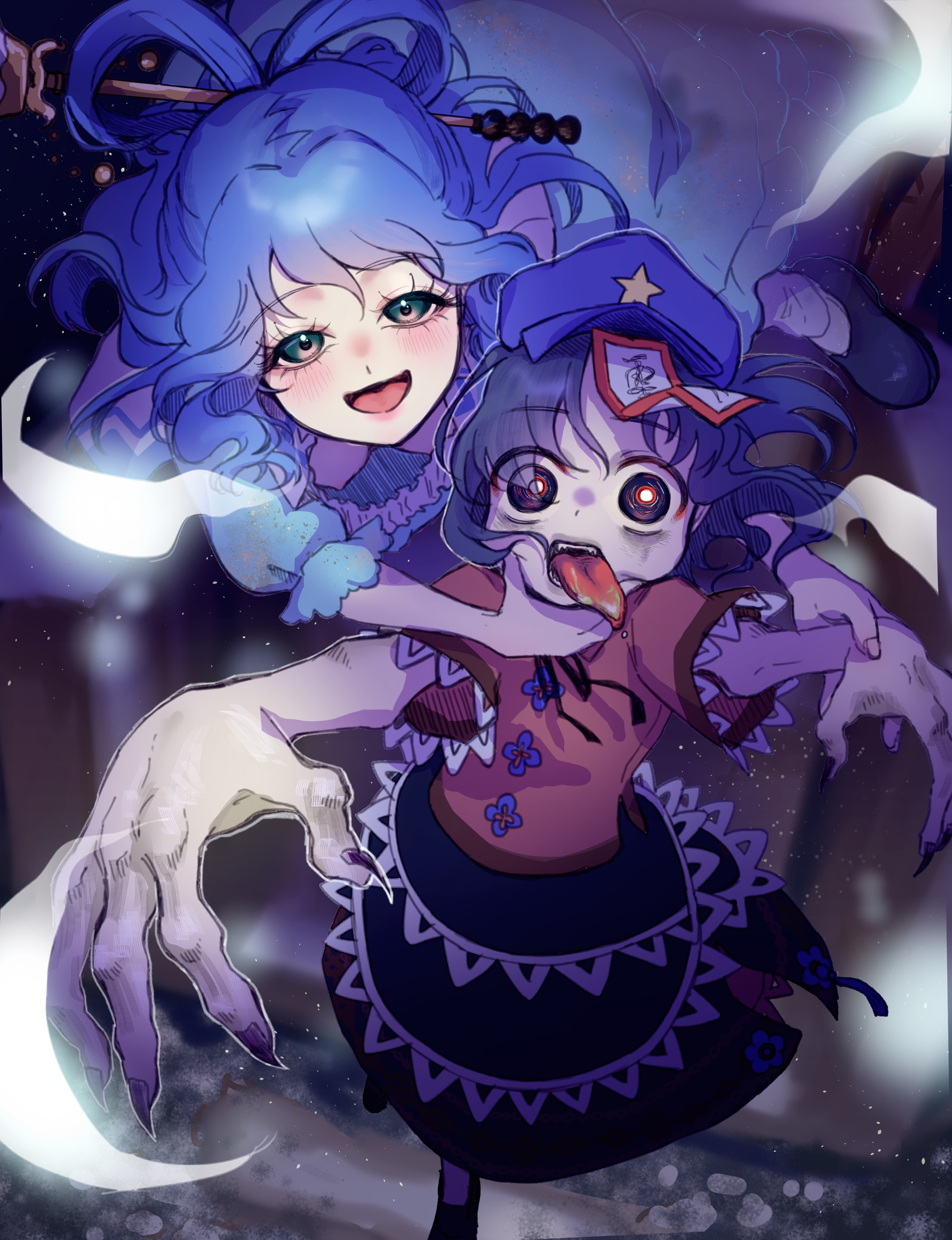 momonhashi, kaku seiga, miyako yoshika, touhou, absurdres, commentary request, highres, 2girls, black eyes, black hair, black ribbon, black skirt, blue eyes, blue hair, bruise on hand, chinese clothes, fingernails, flying, full body, grey background, hagoromo, hair ornament, hair rings, hair stick, hand on another's chin, hat, hat ornament, jiangshi, lace-trimmed sleeves, lace trim, looking at viewer, multiple girls, neck ribbon, newsboy cap, ofuda, open mouth, purple nails, red pupils, red shirt, ribbon, sharp fingernails, shawl, shirt, short hair, short sleeves, skirt, smile, star (symbol), star hat ornament, tangzhuang, tongue, tongue out