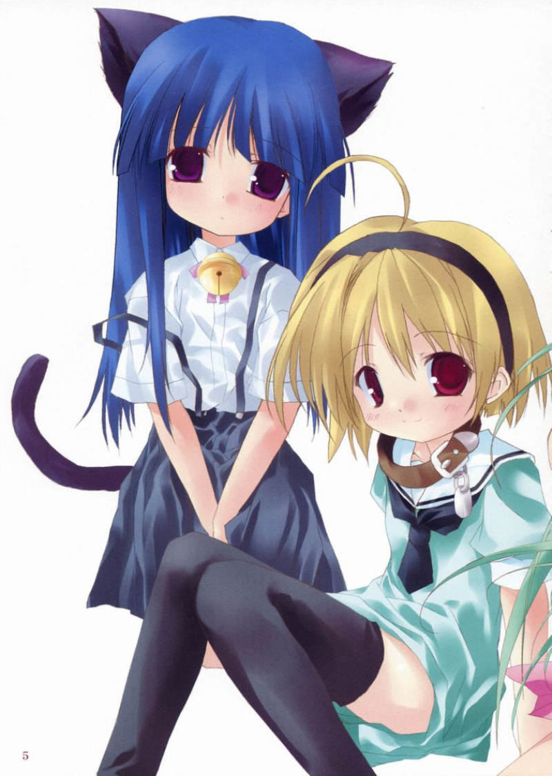 tororo (toriaezu), furude rika, houjou satoko, higurashi no naku koro ni, non-web source, 00s, 2girls, animal ears, bell, blonde hair, cat ears, cat tail, collar, green skirt, multiple girls, neck bell, skirt, suspender skirt, suspenders, tail, thighhighs