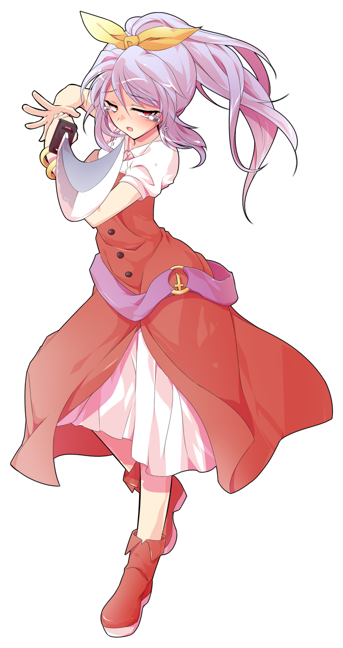dairi, watatsuki no yorihime, touhou, commentary request, highres, large variant set, variant set, 1girl, alphes (style), belt, blush, boots, bracelet, buttons, collared shirt, dress, dress shirt, full body, hair ribbon, high ponytail, holding, holding sword, holding weapon, jewelry, katana, long hair, o-ring, parody, platform boots, ponytail, puffy short sleeves, puffy sleeves, purple belt, purple hair, red boots, red dress, ribbon, shirt, short sleeves, solo, standing, style parody, sword, tachi-e, transparent background, undershirt, weapon, white shirt, yellow ribbon