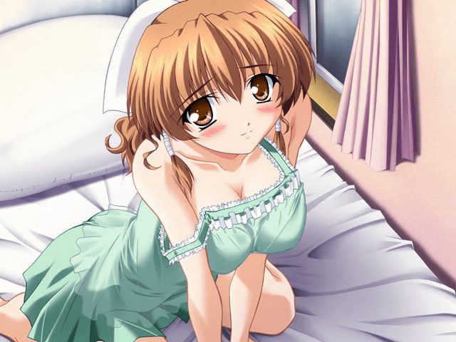 izumi mahiru, fujinomiya hina, doki doki sister paradise, game cg, 1girl, barefoot, bed, blush, breasts, brown eyes, brown hair, chemise, cleavage, curtains, embarrassed, female focus, hat, kneeling, large breasts, lingerie, nurse, nurse cap, pillow, see-through clothes, short hair, smile, solo, strap slip, teddy (lingerie), underwear, window