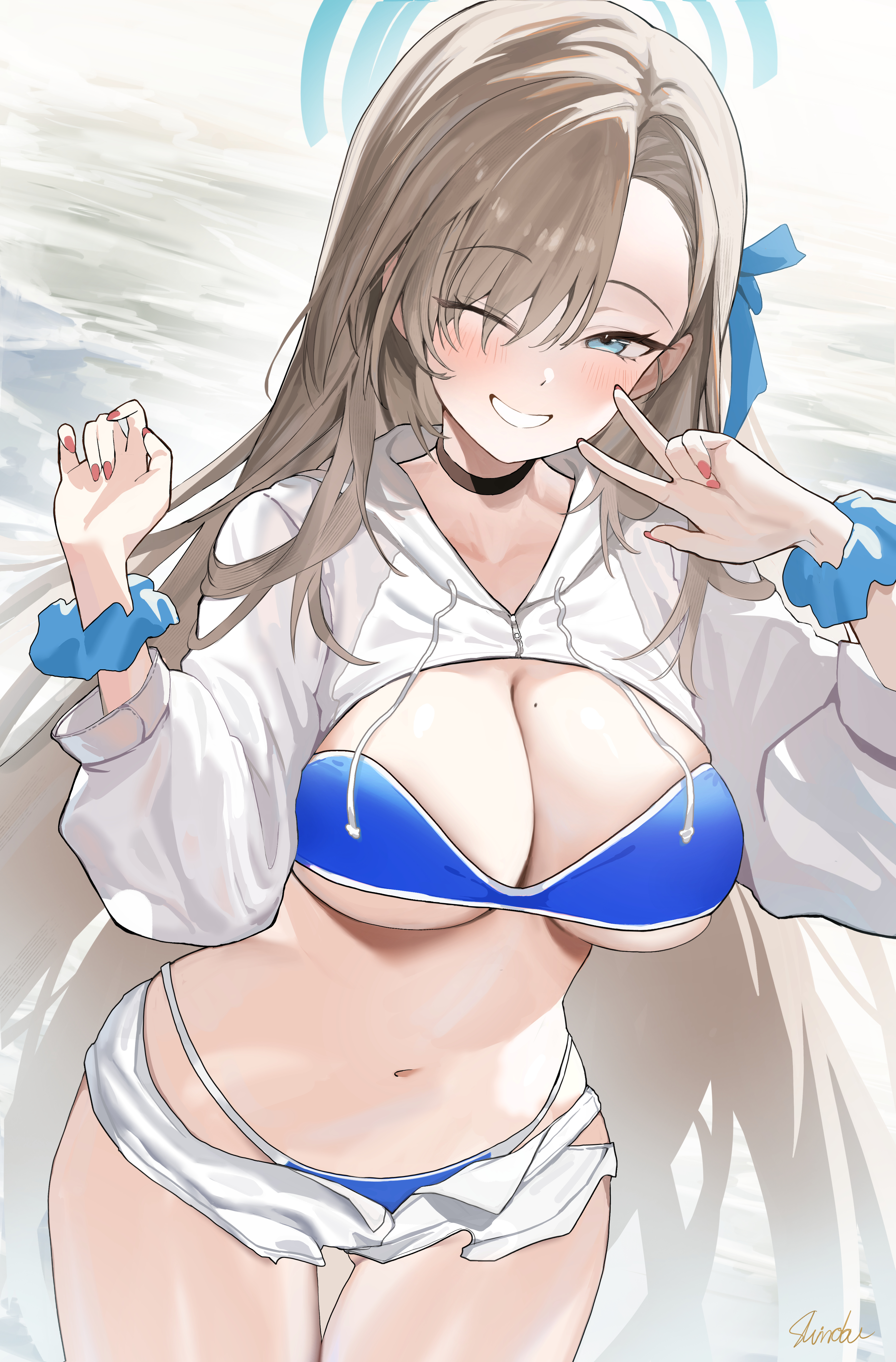 layer (shinobu), asuna (blue archive), blue archive, absurdres, highres, 1girl, bikini, blue bikini, blue eyes, blue halo, blush, breasts, brown hair, cleavage, grin, hair over one eye, hair ribbon, halo, jacket, large breasts, long hair, looking at viewer, navel, one eye closed, ribbon, scrunchie, shorts, shrug (clothing), smile, solo, swimsuit, thighs, underboob, very long hair, white jacket, white shorts, white shrug, wrist scrunchie