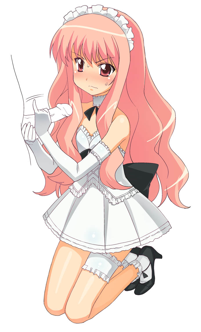a1 (initial-g), louise francoise le blanc de la valliere, zero no tsukaima, black footwear, 00s, 1boy, 1girl, blush, elbow gloves, frilled thigh strap, frown, gloved handjob, gloves, handjob, hetero, high heels, kneeling, lingerie, loli, long hair, penis, pink hair, pinky out, red eyes, shoes, solo focus, sweat, thigh strap, uncensored, underwear, white gloves