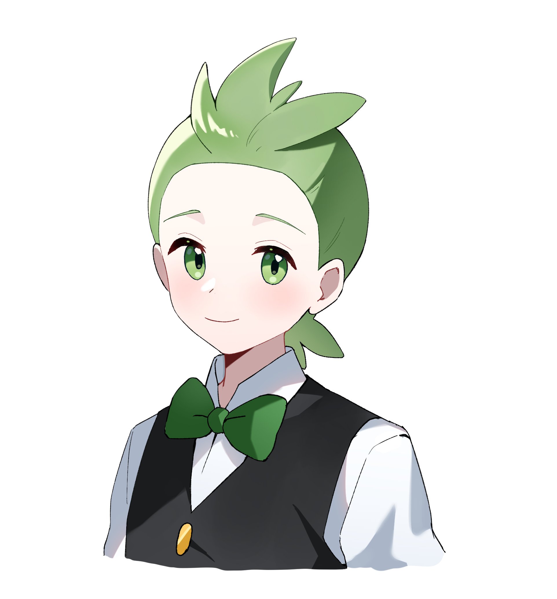 pokesudal, cilan (pokemon), nintendo, pokemon, pokemon (anime), pokemon bw (anime), commentary request, highres, korean commentary, 1boy, bow, bowtie, buttons, closed mouth, green bow, green bowtie, green eyes, green hair, happy, male focus, shirt, simple background, smile, solo, upper body, vest, white background, white shirt