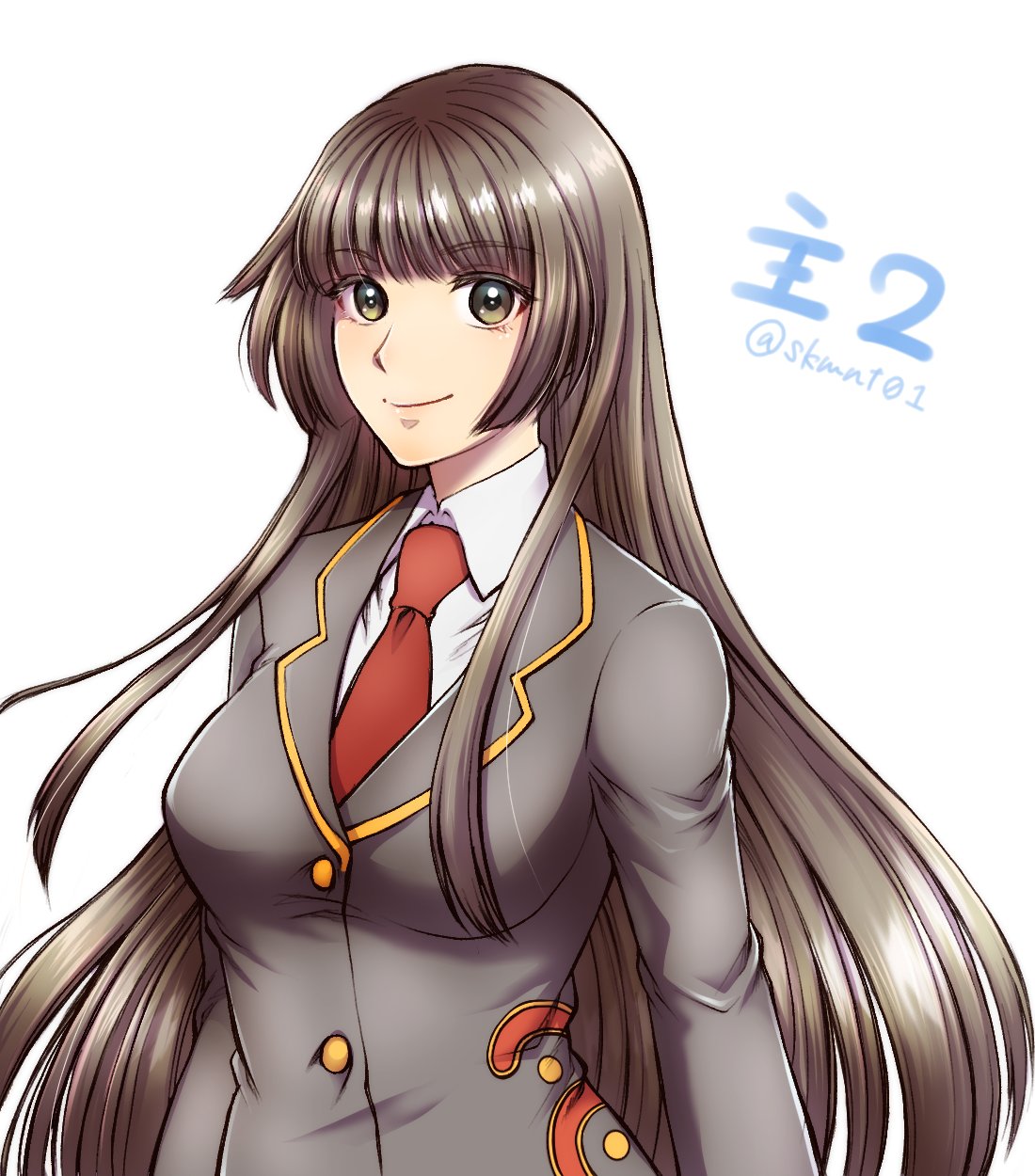 sakumanato (skmnt01), protagonist 2 (housamo), tokyo houkago summoners, highres, 1girl, blunt bangs, brown eyes, brown hair, collared shirt, grey jacket, jacket, long hair, long sleeves, looking at viewer, necktie, red necktie, school uniform, shirt, simple background, smile, solo, twitter username, upper body, very long hair, white background
