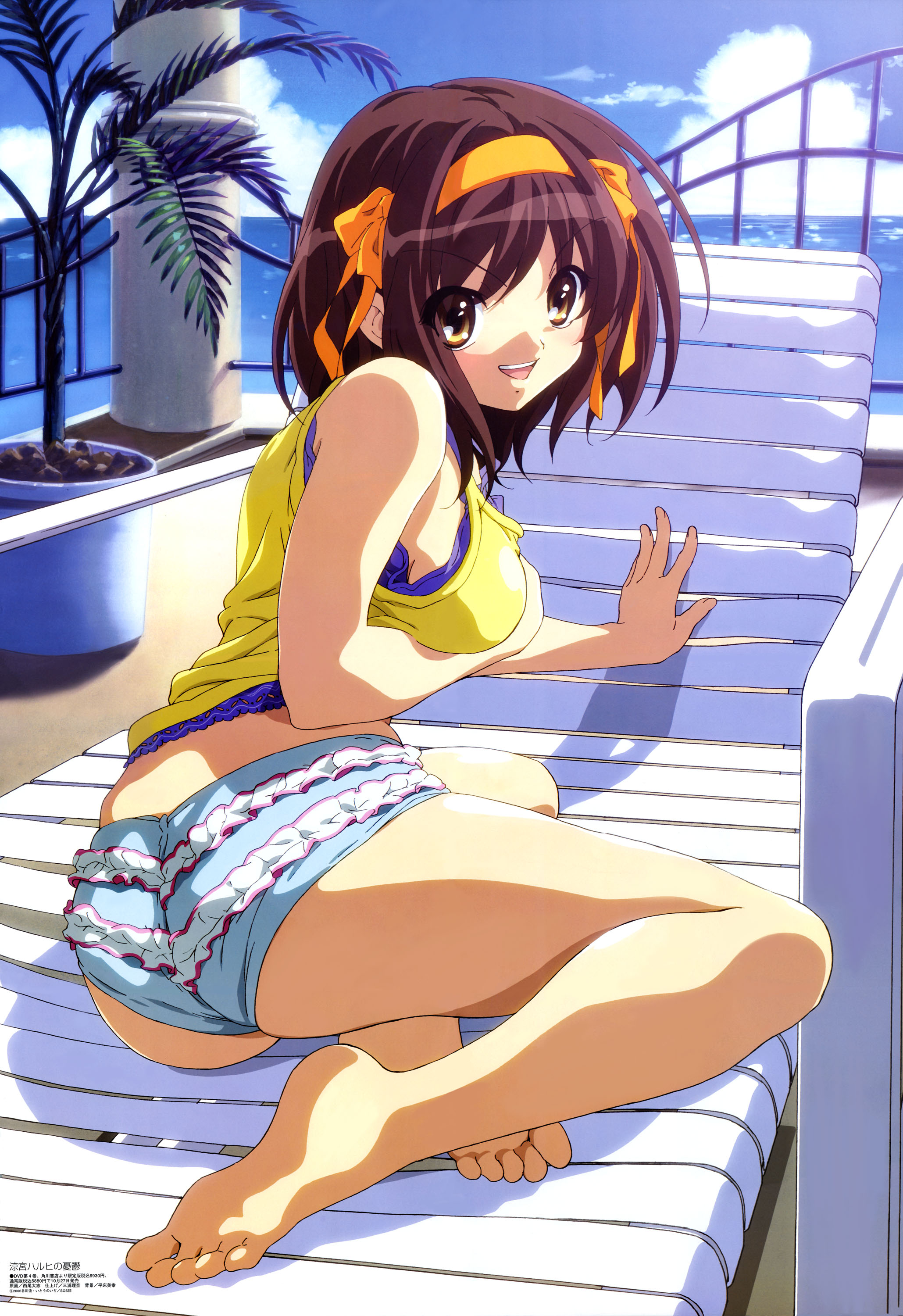 nishiya futoshi, suzumiya haruhi, megami magazine, suzumiya haruhi no yuuutsu, breast hold, absurdres, highres, magazine scan, official art, scan, 00s, 1girl, ass, bad anatomy, bad feet, barefoot, breasts, brown hair, chair, feet, female focus, frills, hair ribbon, lounge chair, medium breasts, micro shorts, poorly drawn, ribbon, short hair, short shorts, shorts, sideboob, soles, solo, toes