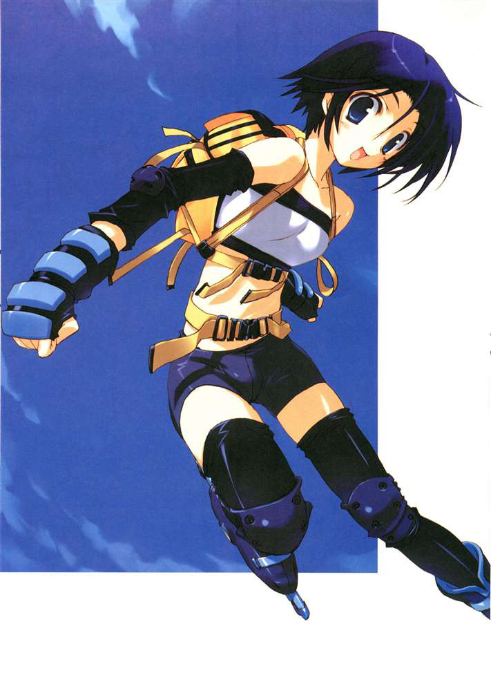 amazuyu tatsuki, backpack, bag, bike shorts, inline skates, randoseru, roller skates, skates, solo, spandex, thighhighs