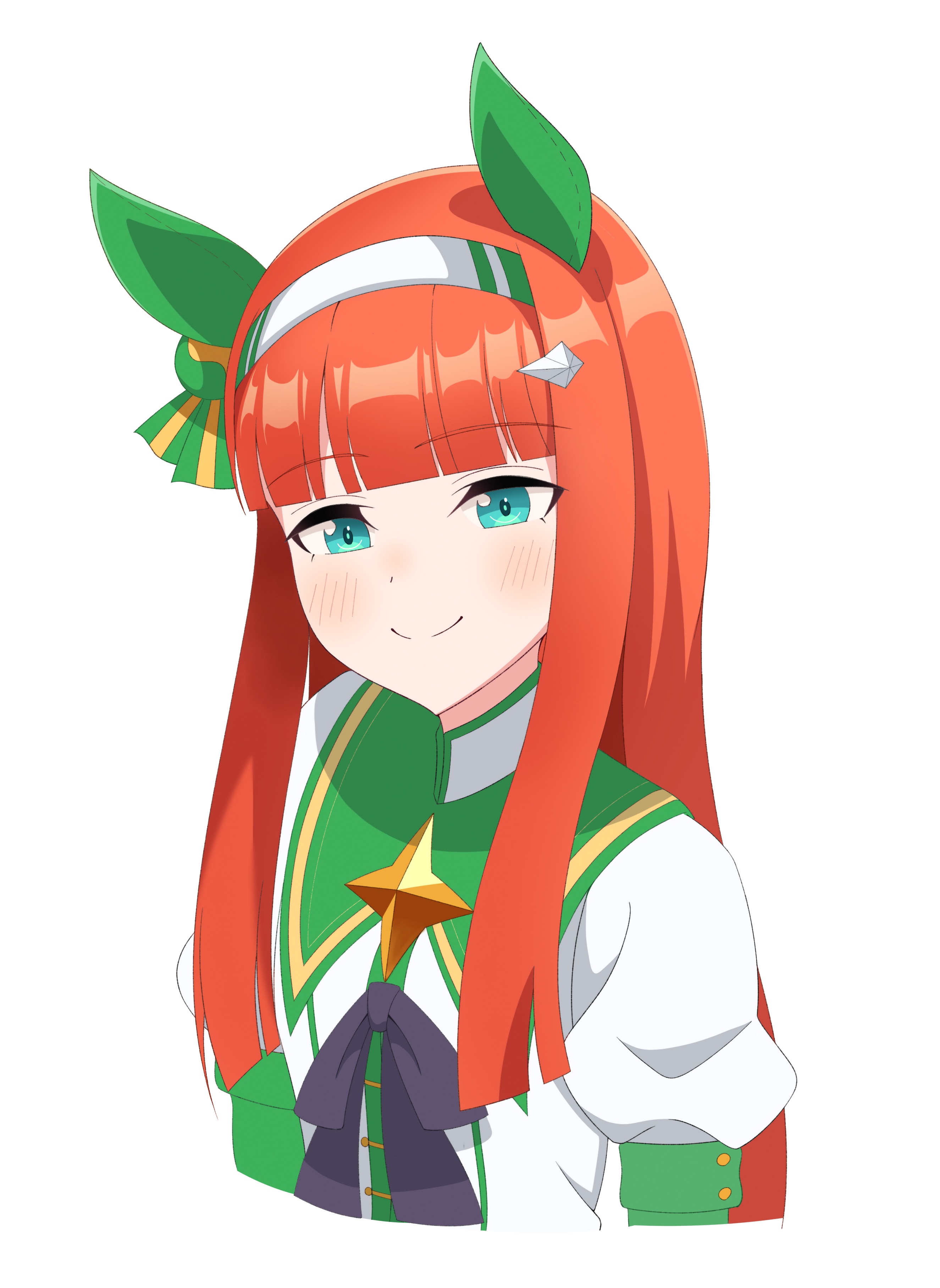 tomiosan, silence suzuka (umamusume), umamusume, absurdres, commentary, highres, 1girl, animal ears, aqua eyes, black bow, black bowtie, blunt bangs, bow, bowtie, ear covers, hair ornament, hairband, hairclip, hime cut, horse ears, horse girl, long hair, long sleeves, looking at viewer, orange hair, simple background, smile, solo, upper body, white background, white hairband
