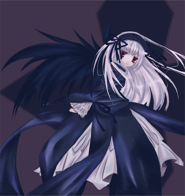 suigintou, rozen maiden, 00s, 1girl, black dress, black wings, dress, female focus, frilled sleeves, frills, hairband, lolita hairband, long hair, long sleeves, looking at viewer, looking back, red eyes, solo, standing, very long hair, wings