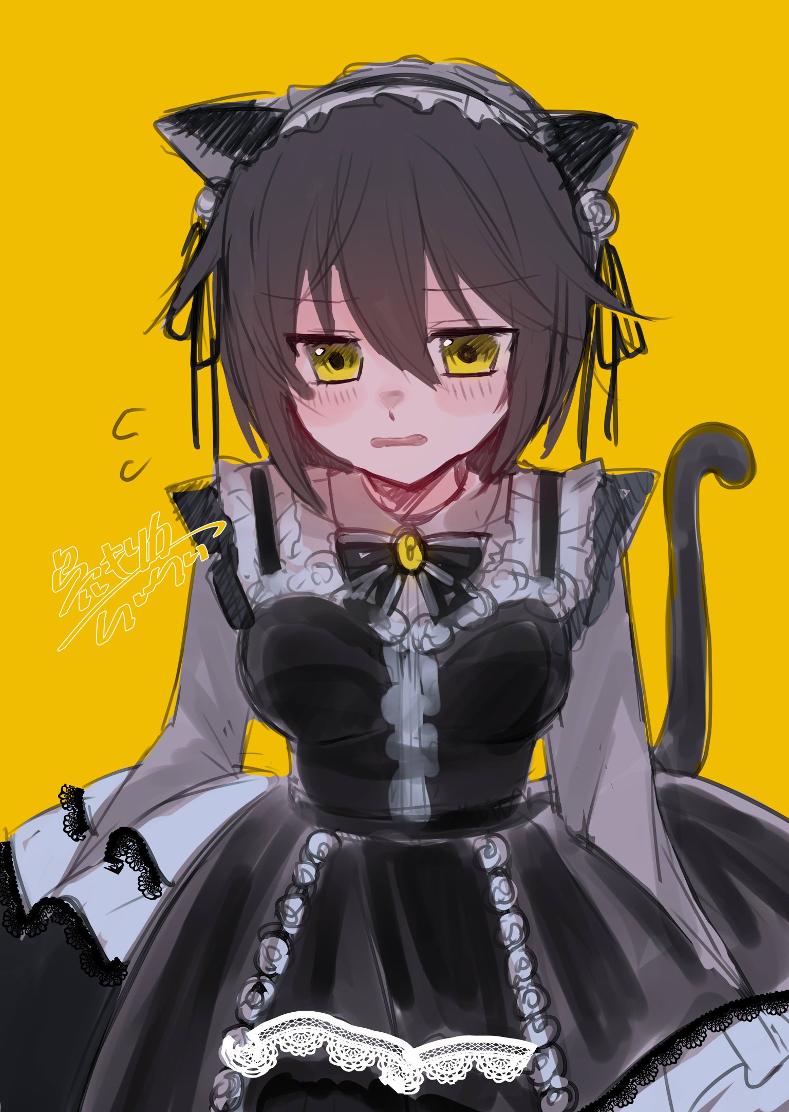 rairai (light), kure kirika, mahou shoujo madoka magica, mahou shoujo oriko magica, highres, 1girl, animal ears, black dress, black hair, black headdress, cat ears, cat girl, cat tail, dress, looking at viewer, medium hair, orange background, orange eyes, straight-on, tail, two-tone dress, two-tone headwear, white dress, white headdress