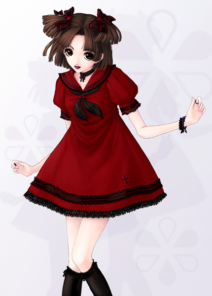 kunishige keiichi, nocturne, nocturne (kunishige keiichi), original, 1girl, black neckerchief, black socks, dress, female focus, goth fashion, gothic lolita, kneehighs, legwear garter, lolita fashion, neckerchief, parted bangs, sailor dress, socks, solo, two side up