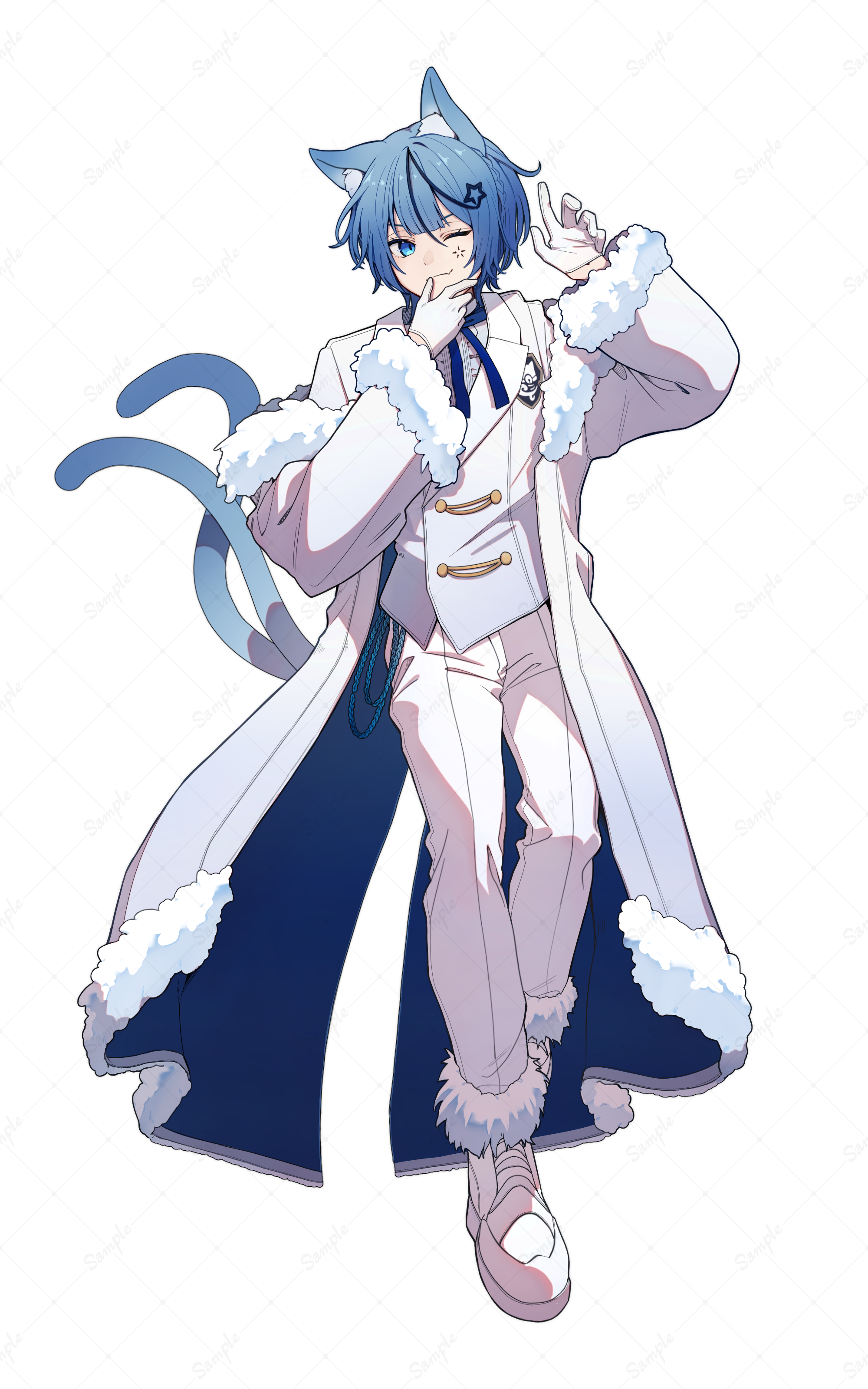 kitsunebi v3kokonn, absurdres, highres, official art, 1boy, ;3, animal ears, blue coat, blue eyes, blue hair, blue ribbon, boots, buttons, cat boy, cat ears, cat tail, center-flap bangs, center frills, coat, doll's requiem, double-breasted, facial mark, frills, full body, fur-trimmed boots, fur-trimmed coat, fur-trimmed sleeves, fur trim, gloves, gradient coat, hair ornament, half gloves, hand on own chin, hands up, long sleeves, looking at viewer, male focus, multiple tails, nekomata, off shoulder, one eye closed, open clothes, open coat, pants, ribbon, shirt, short hair, simple background, solo, standing, star (symbol), star hair ornament, tail, two-sided coat, two-sided fabric, two tails, uni (doll's requiem), vest, wallet chain, white background, white boots, white coat, white gloves, white pants, white shirt, white vest