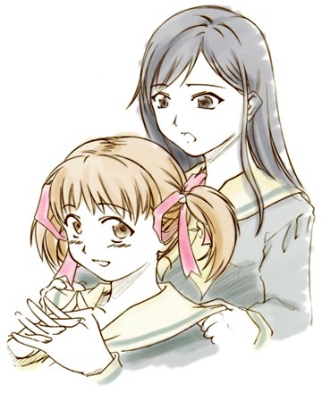 takahashi ren, fukuzawa yumi, ogasawara sachiko, maria-sama ga miteru, lowres, 00s, 2girls, :o, black hair, brown eyes, brown hair, interlocked fingers, long hair, multiple girls, own hands clasped, own hands together, school uniform, serafuku, short hair, short twintails, simple background, smile, twintails, upper body, white background