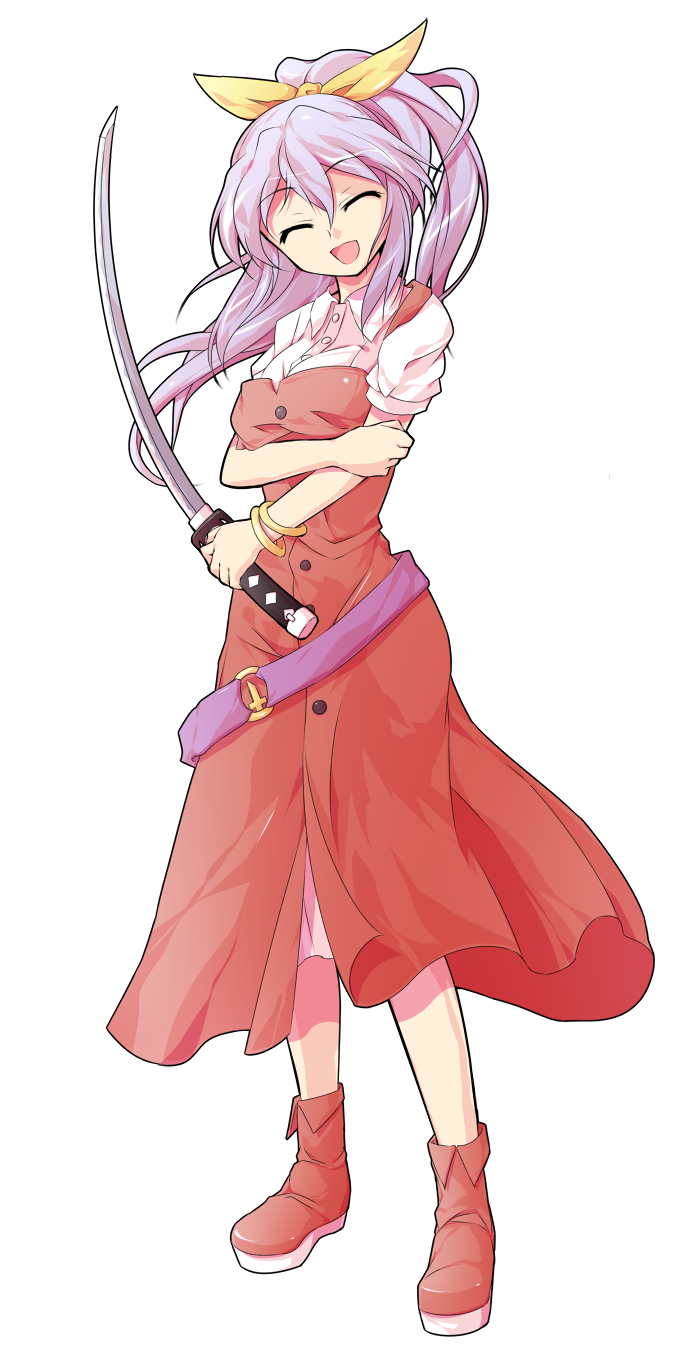 dairi, watatsuki no yorihime, touhou, commentary request, highres, large variant set, variant set, 1girl, alphes (style), belt, boots, bracelet, buttons, collared shirt, dress, dress shirt, full body, hair ribbon, high ponytail, holding, holding sword, holding weapon, jewelry, katana, long hair, o-ring, parody, platform boots, ponytail, puffy short sleeves, puffy sleeves, purple belt, purple hair, red boots, red dress, ribbon, shirt, short sleeves, solo, standing, style parody, sword, tachi-e, transparent background, undershirt, weapon, white shirt, yellow ribbon