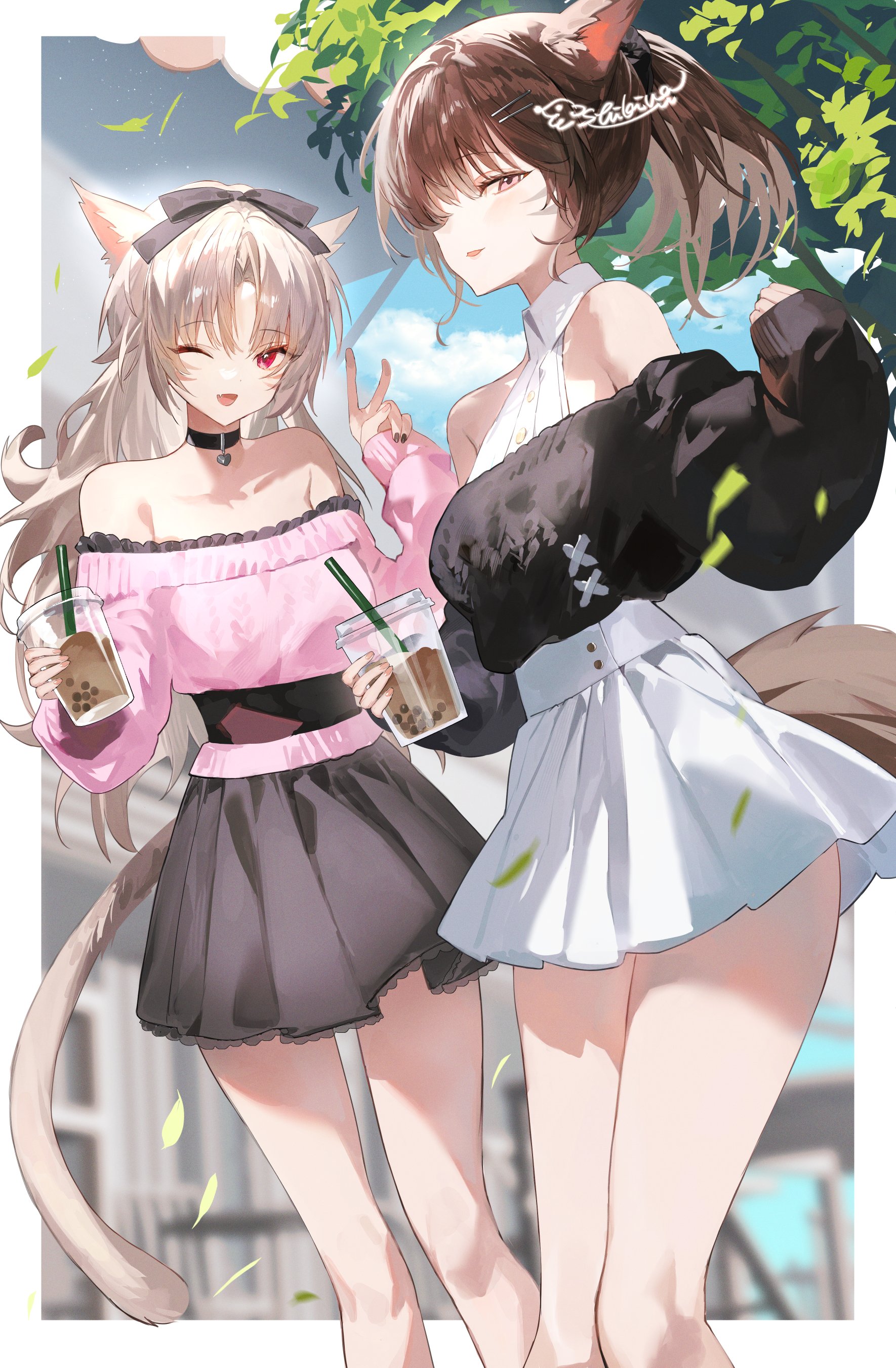 shikina (mochigushi ), warrior of light (ff14), final fantasy, final fantasy xiv, absurdres, highres, 2girls, animal ears, bare shoulders, black choker, black ribbon, black skirt, black sweater, blonde hair, border, breasts, brown hair, bubble tea, cat ears, cat girl, cat tail, choker, collared shirt, cup, disposable cup, drinking straw, facial mark, hair ribbon, holding, holding cup, long hair, medium breasts, miqo'te, multiple girls, off-shoulder shirt, off-shoulder sweater, off shoulder, one eye closed, open mouth, orange eyes, outdoors, pink shirt, ponytail, red eyes, ribbon, shirt, signature, skirt, sleeveless, sleeveless shirt, sweater, tail, whisker markings, white border, white shirt, white skirt