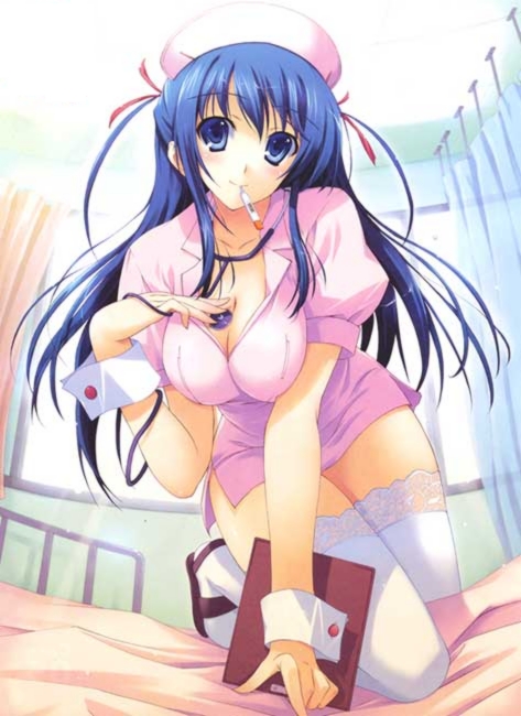 tomose shunsaku, blue eyes, blue hair, blush, breasts, cleavage, hair ribbon, large breasts, long hair, mouth hold, nurse, ribbon, skirt, smile, solo, stethoscope, thighhighs, white thighhighs, zettai ryouiki