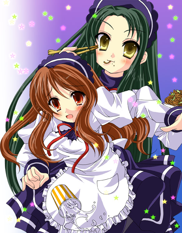sora (firstaid), asahina mikuru, tsuruya, suzumiya haruhi no yuuutsu, 00s, 2girls, :o, apron, blue dress, blush, brown hair, chopsticks, cowboy shot, cup, dress, eating, food, green hair, long hair, long sleeves, looking at viewer, maid headdress, multiple girls, open mouth, pantyhose, red eyes, smile, spill, tears, very long hair, waitress, water, yellow eyes
