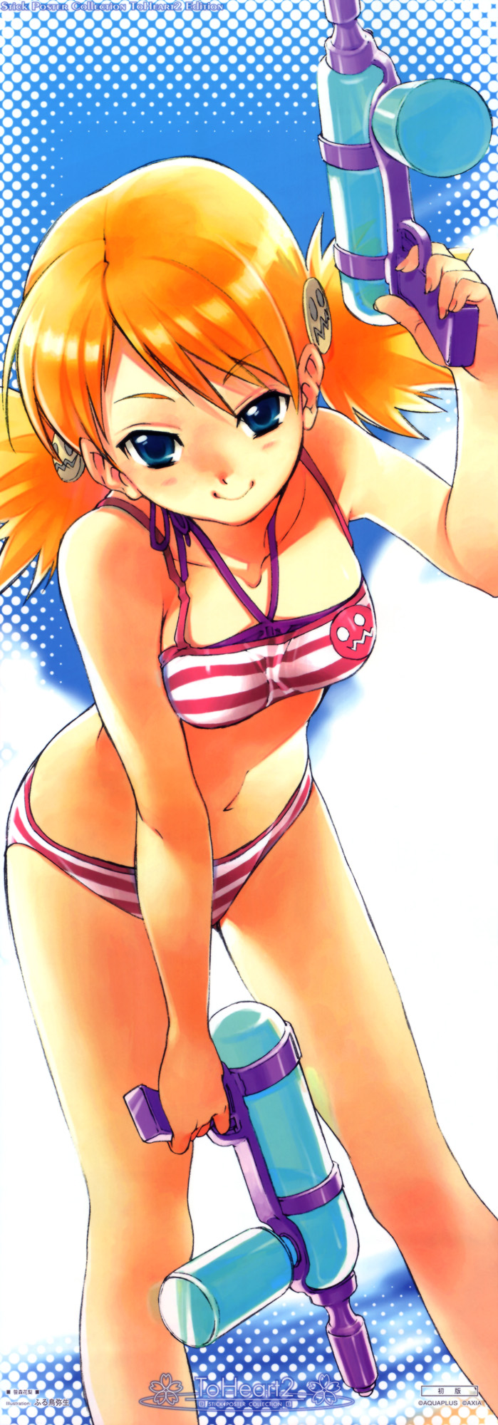 sasamori karin, to heart (series), to heart 2, highres, 00s, 1girl, bikini, blonde hair, blue eyes, female focus, gun, solo, striped bikini, striped clothes, swimsuit, water gun, weapon