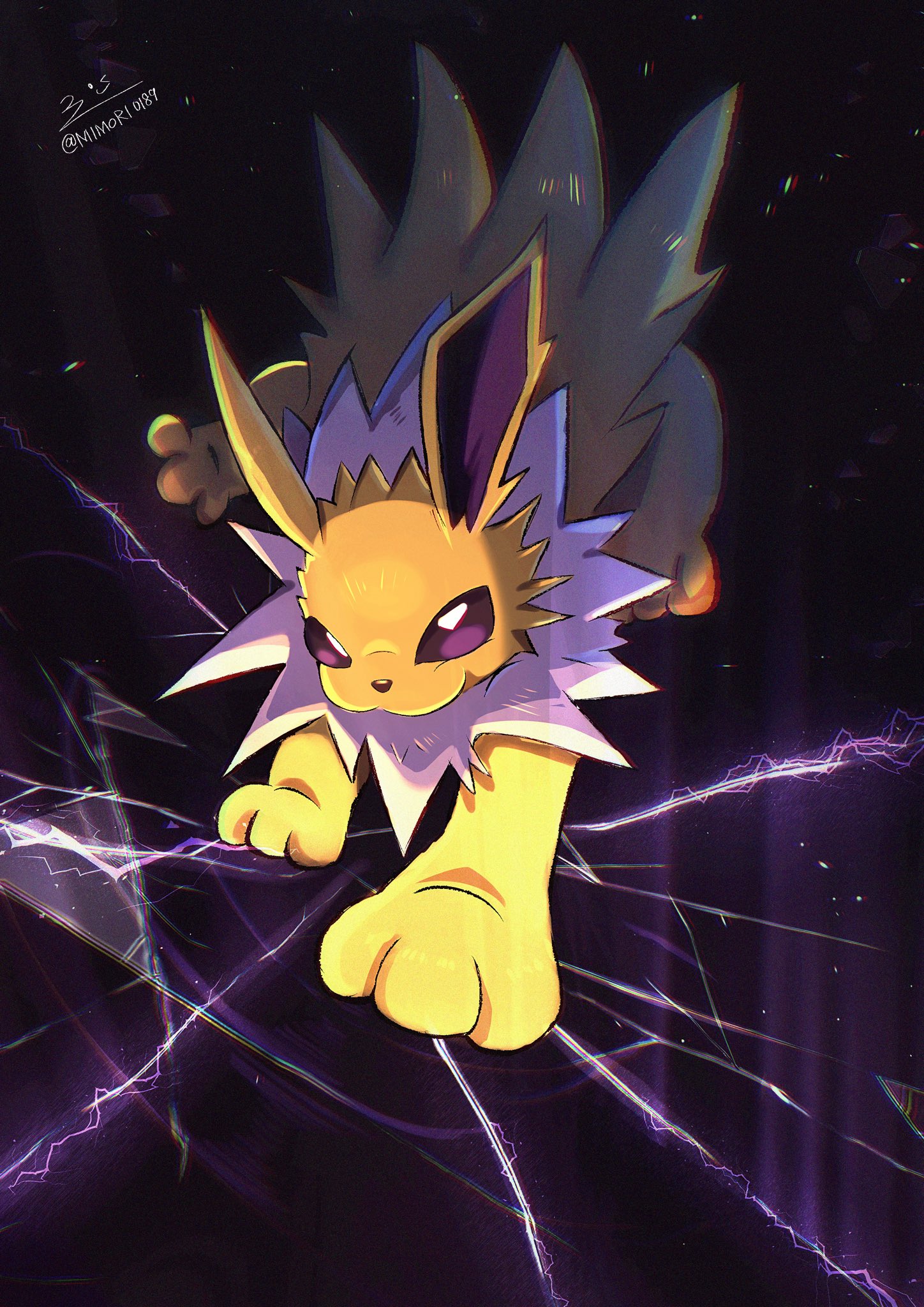 mimori (mimori0189), jolteon, nintendo, pokemon, highres, animal focus, broken glass, full body, gen 1 pokemon, glass, looking at viewer, no humans, pokemon (creature), pokemon focus, purple eyes, spikes, tail, yellow fur