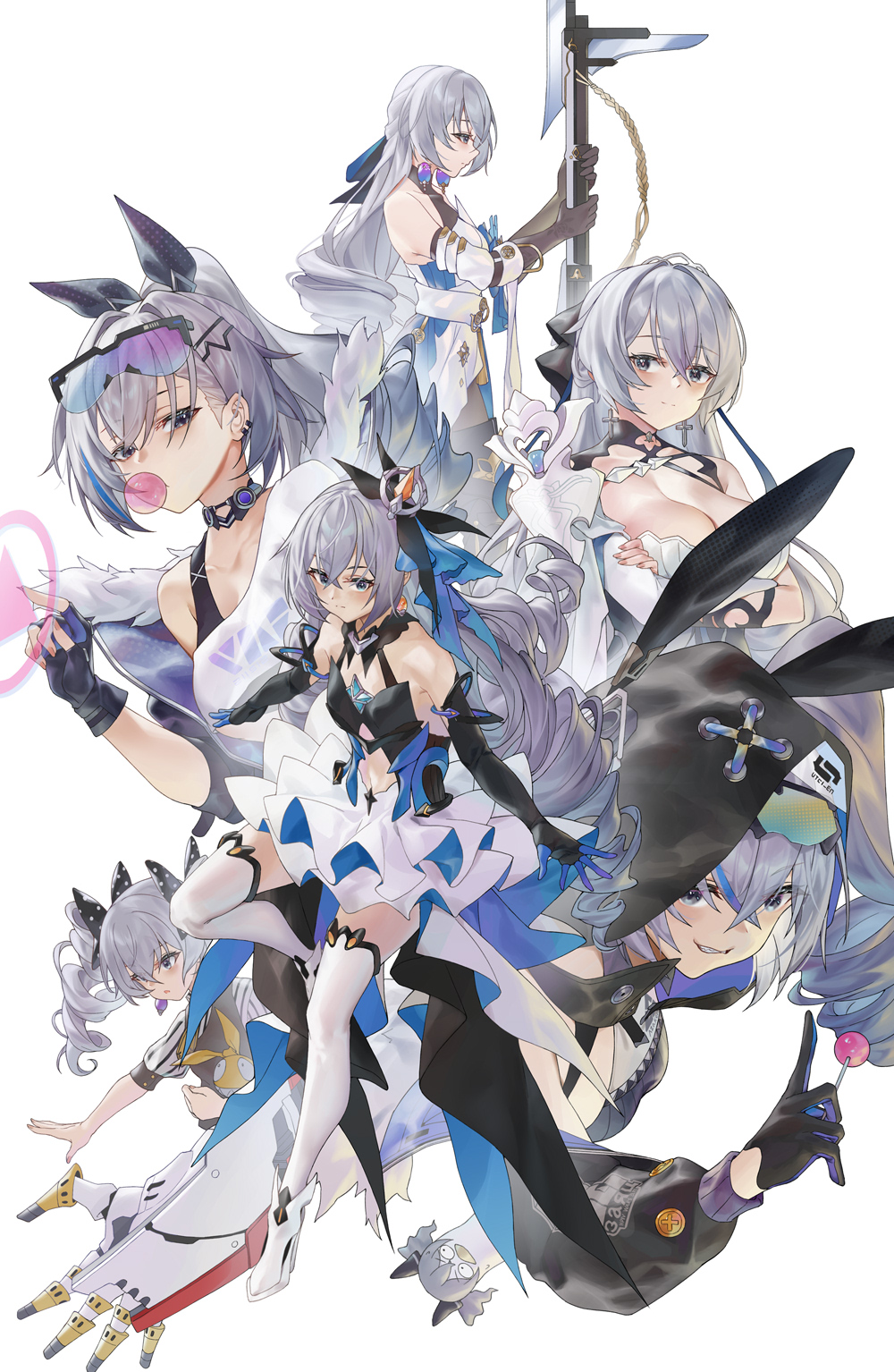 ginklaga, bronya rand, bronya zaychik, bronya zaychik (haxxor bunny), bronya zaychik (herrscher of reason), bronya zaychik (silverwing: n-ex), bronya zaychik (wolf's dawn), silver wolf (honkai: star rail), chupa chups, honkai: star rail, honkai (series), honkai impact 3rd, mihoyo, character request, check character, chinese commentary, commentary request, highres, 5girls, 6+girls, animal hood, black choker, black gloves, blowing bubble gum, blue eyes, blue hair, breasts, candy, chewing gum, choker, cleavage, crossed arms, detached sleeves, dress, drill hair, earrings, elbow gloves, eyewear on head, fingerless gloves, food, gloves, goggles, goggles on head, grey eyes, grey hair, grin, gun, hair ornament, holding, holding candy, holding food, holding lollipop, holding polearm, holding weapon, hood, hood up, jewelry, large breasts, lollipop, long hair, looking at viewer, multicolored hair, multiple girls, multiple persona, off-shoulder shirt, off shoulder, polearm, ponytail, rabbit hood, shirt, shoes, single-shoulder shirt, small breasts, smile, streaked hair, sunglasses, thighhighs, twin drills, very long hair, weapon, white shirt, white shoes, white thighhighs