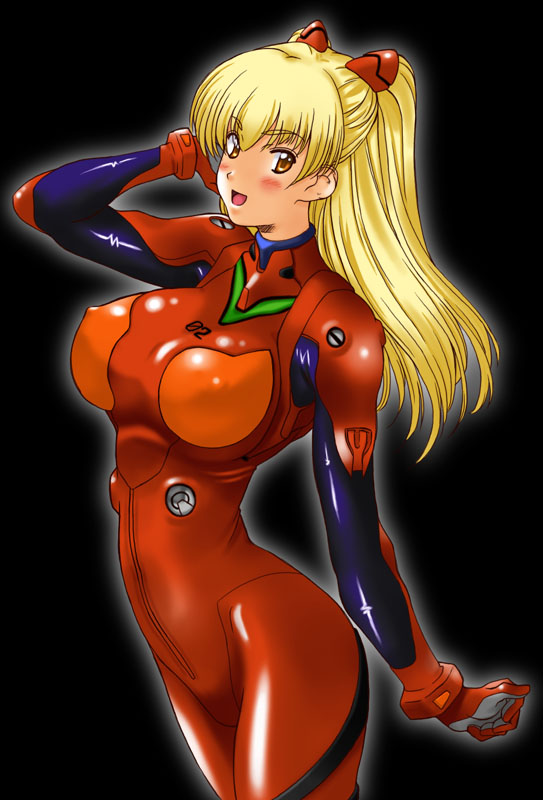 kamia (not found), matsuoka kiyone, souryuu asuka langley, neon genesis evangelion, original, eyebrows, 1girl, :d, adjusting hair, black background, blonde hair, blush, bodysuit, bracer, breasts, clenched hand, cosplay, covered erect nipples, curvy, female focus, from side, gloves, gradient background, hand up, happy, headgear, large breasts, latex, legs together, long hair, looking at viewer, mecha pilot suit, narrow waist, open mouth, orange eyes, outline, plugsuit (cosplay), plugsuit (evangelion), shiny clothes, simple background, smile, solo, souryuu asuka langley (cosplay), turtleneck, two side up